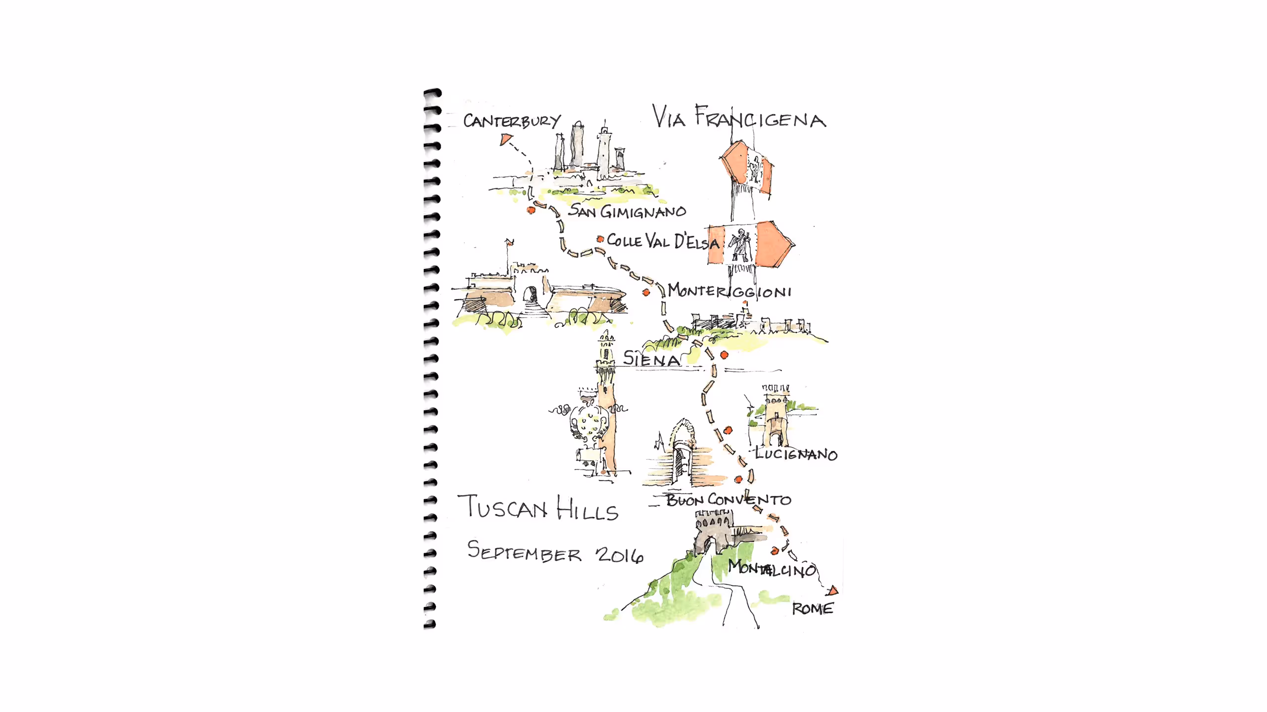 Hand-drawn map of Via Francigena route through Tuscan Hills in September 2016