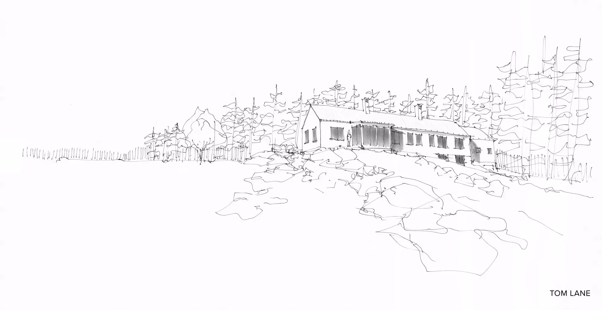 Sketch of building among rocky landscape and evergreen trees