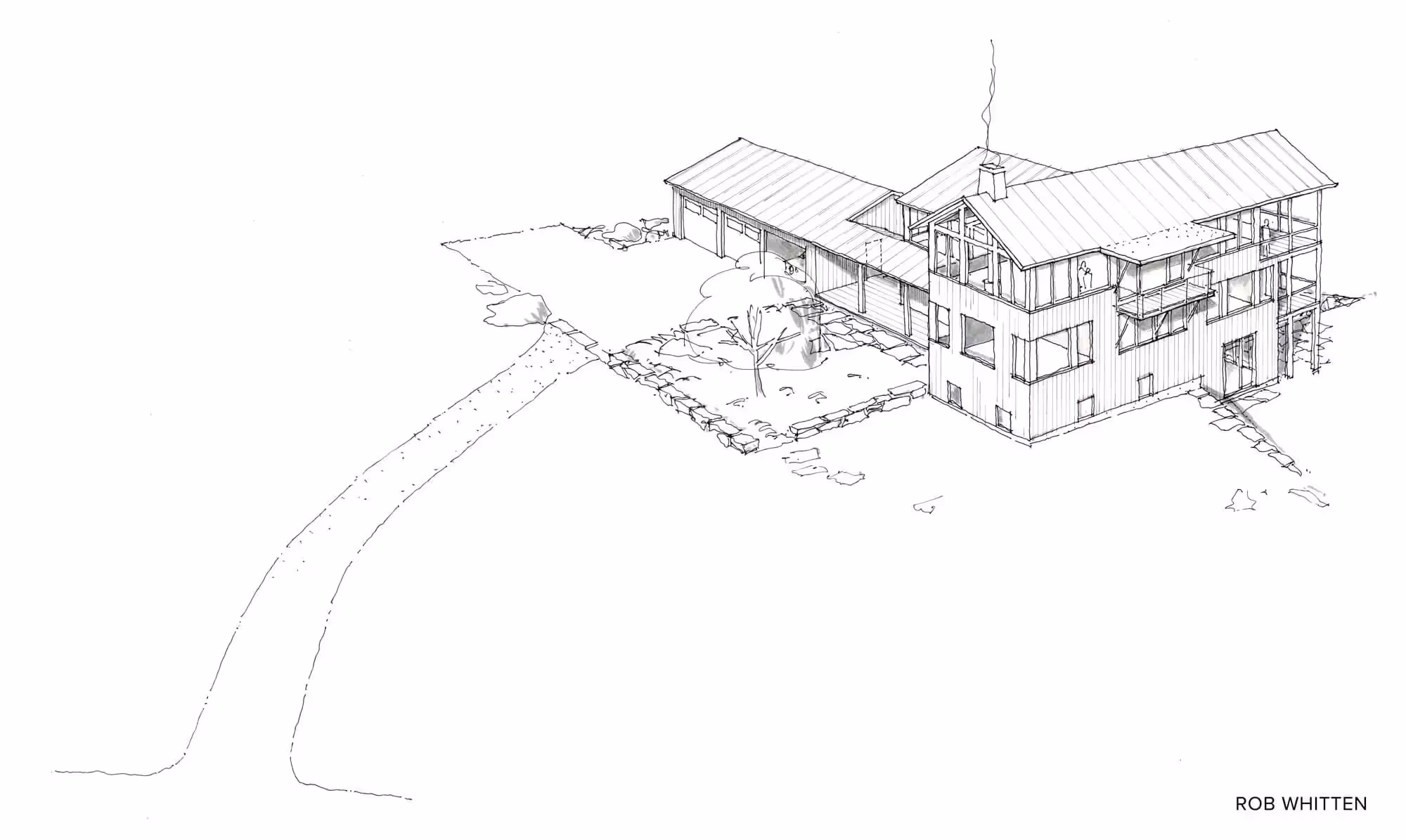 Architectural sketch of a modern wooden house with winding driveway