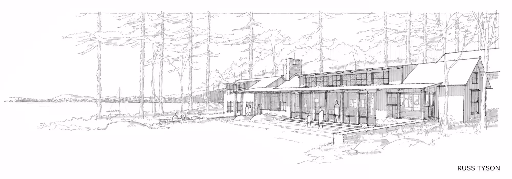 Architectural sketch of modern cabin by lake with tall trees