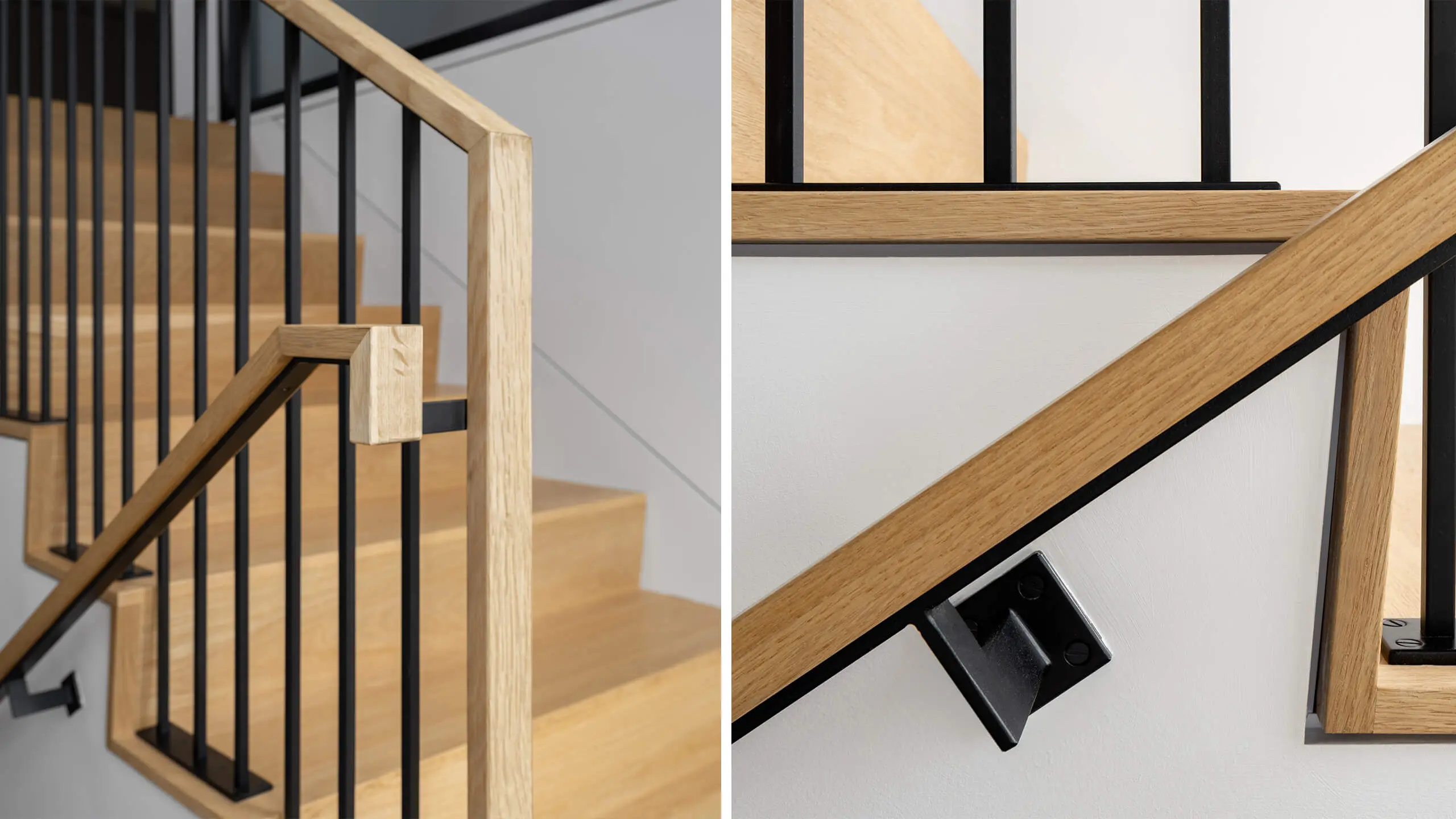 Modern wooden staircase with black metal spindles and minimal design
