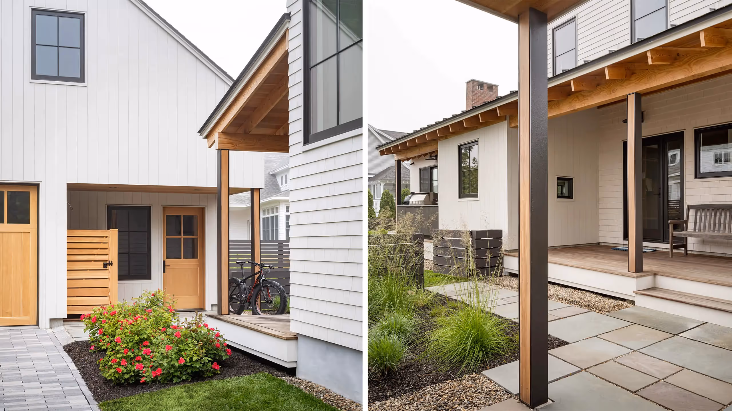 Modern white houses with wooden accents, landscaped yards, and bicycle