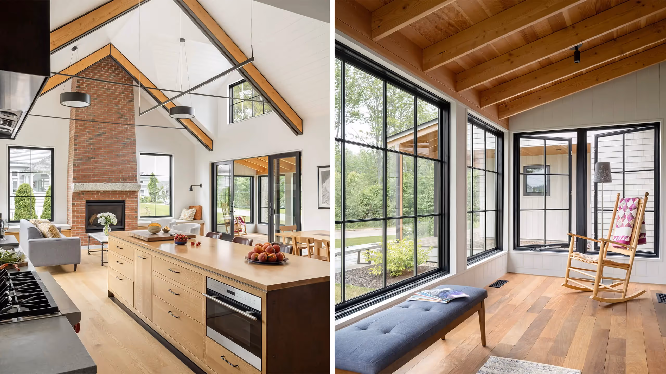 Modern open-plan kitchen and living room with brick fireplace and large windows