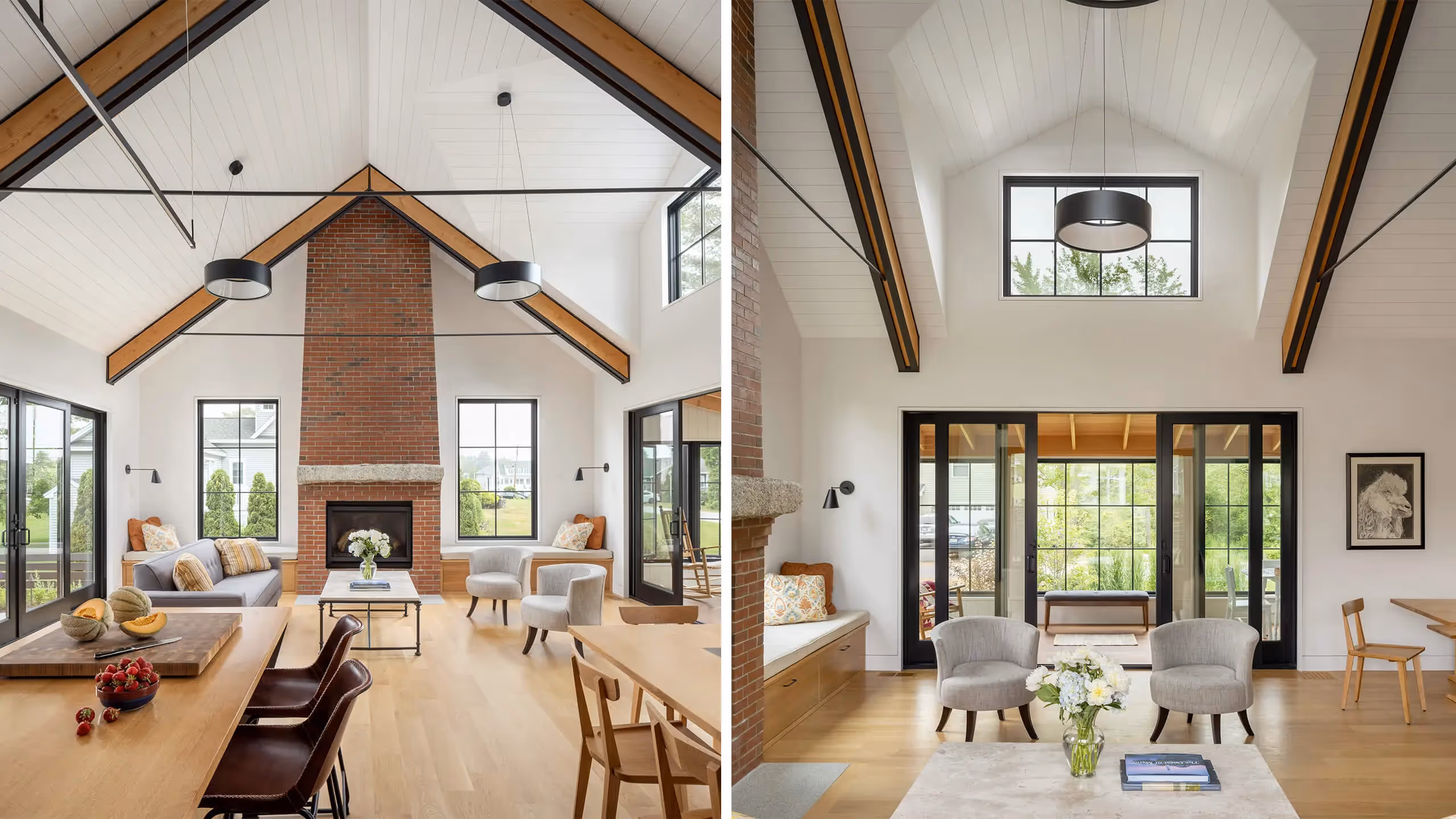 Modern farmhouse interior with vaulted ceiling, brick fireplace, and large windows