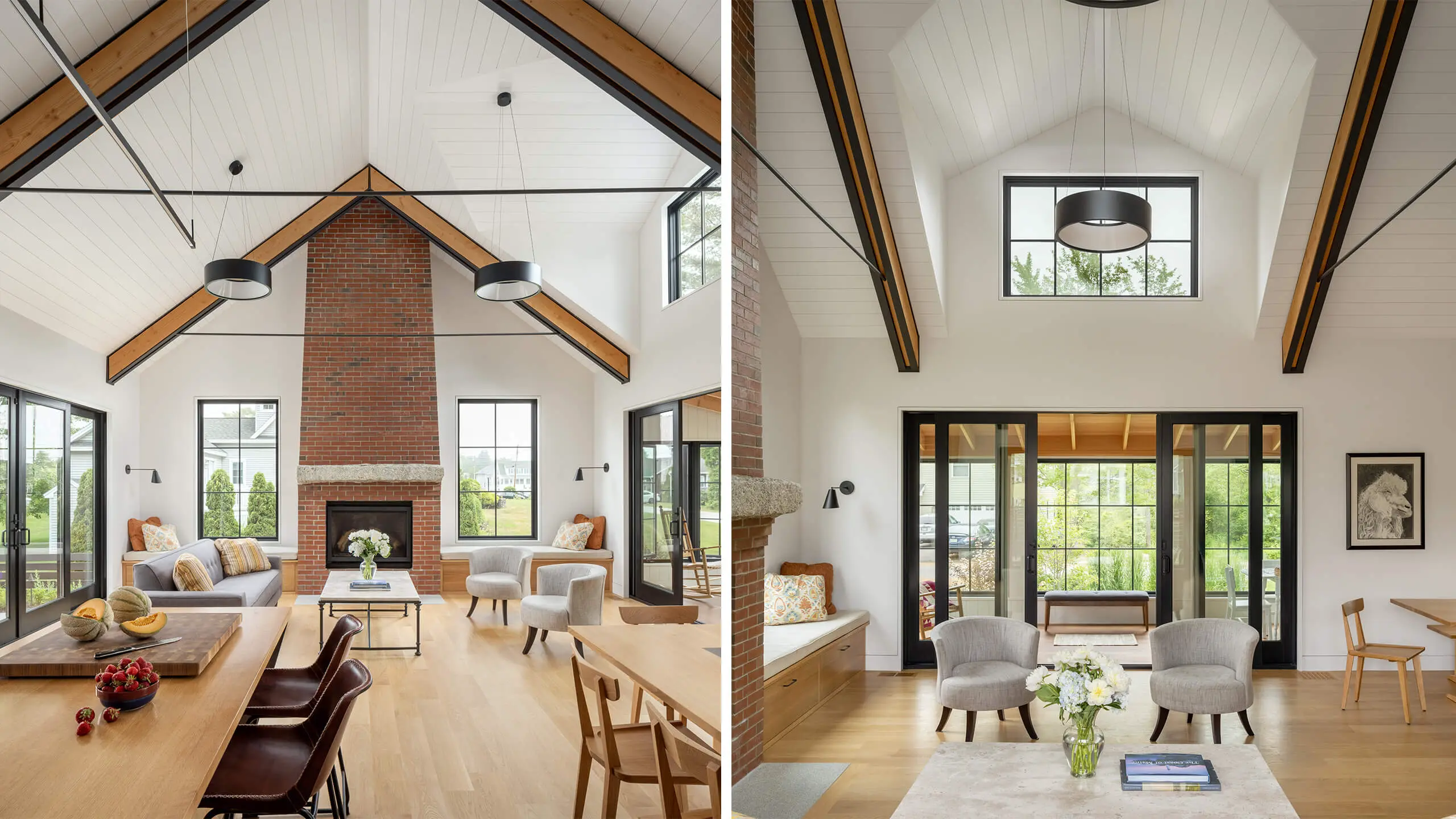 Modern farmhouse interior with vaulted ceiling, brick fireplace, and large windows