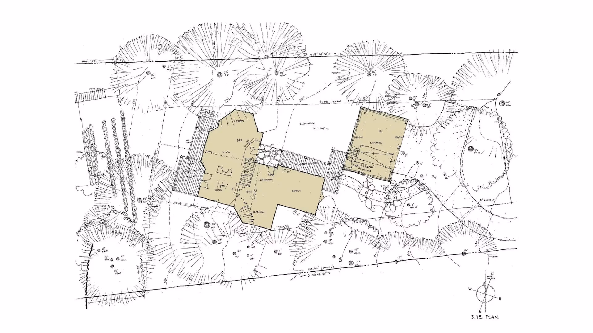 Architectural site plan with yellow buildings surrounded by trees and landscape