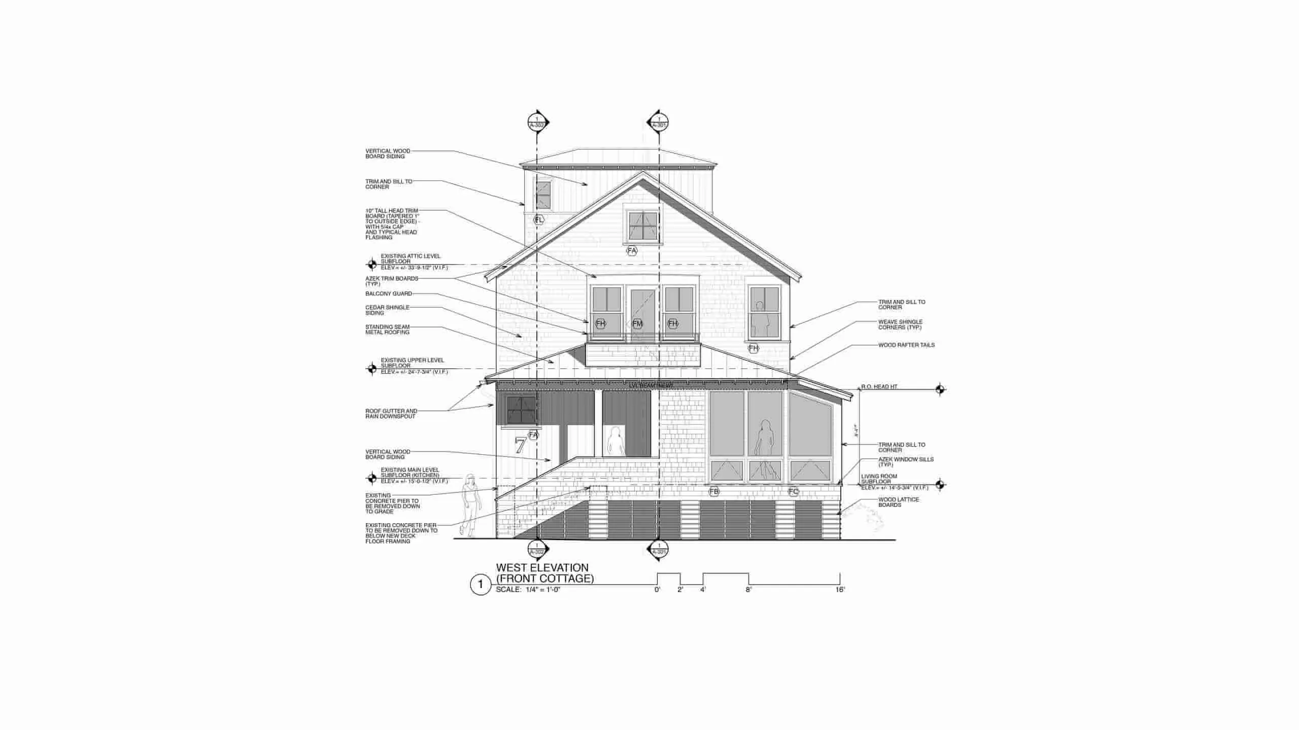 Architectural west elevation drawing of a front cottage with detailed annotations
