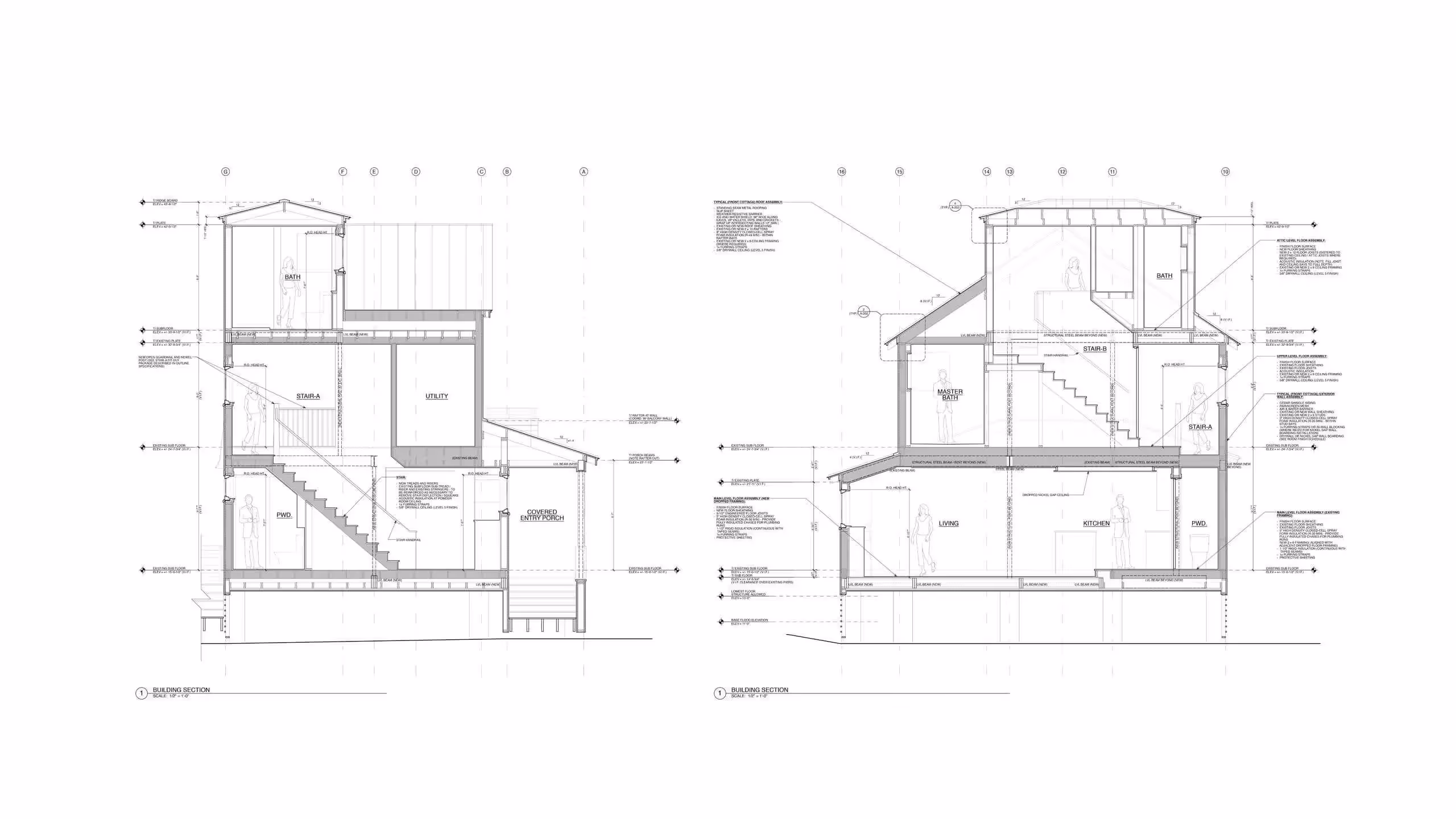 Architectural building section drawing showing multiple floors and rooms