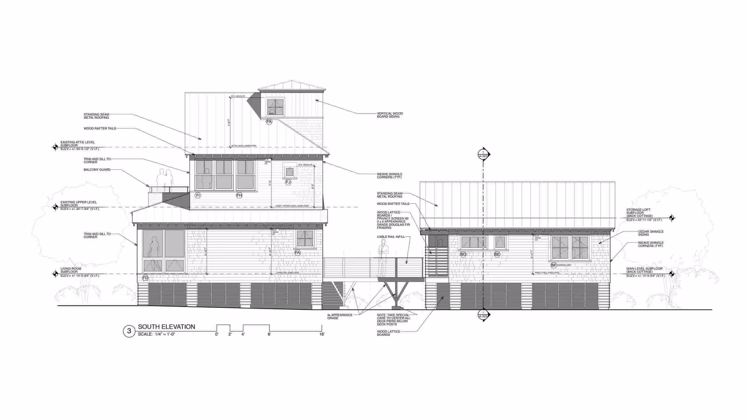 Architectural south elevation drawing of a modern multi-level house
