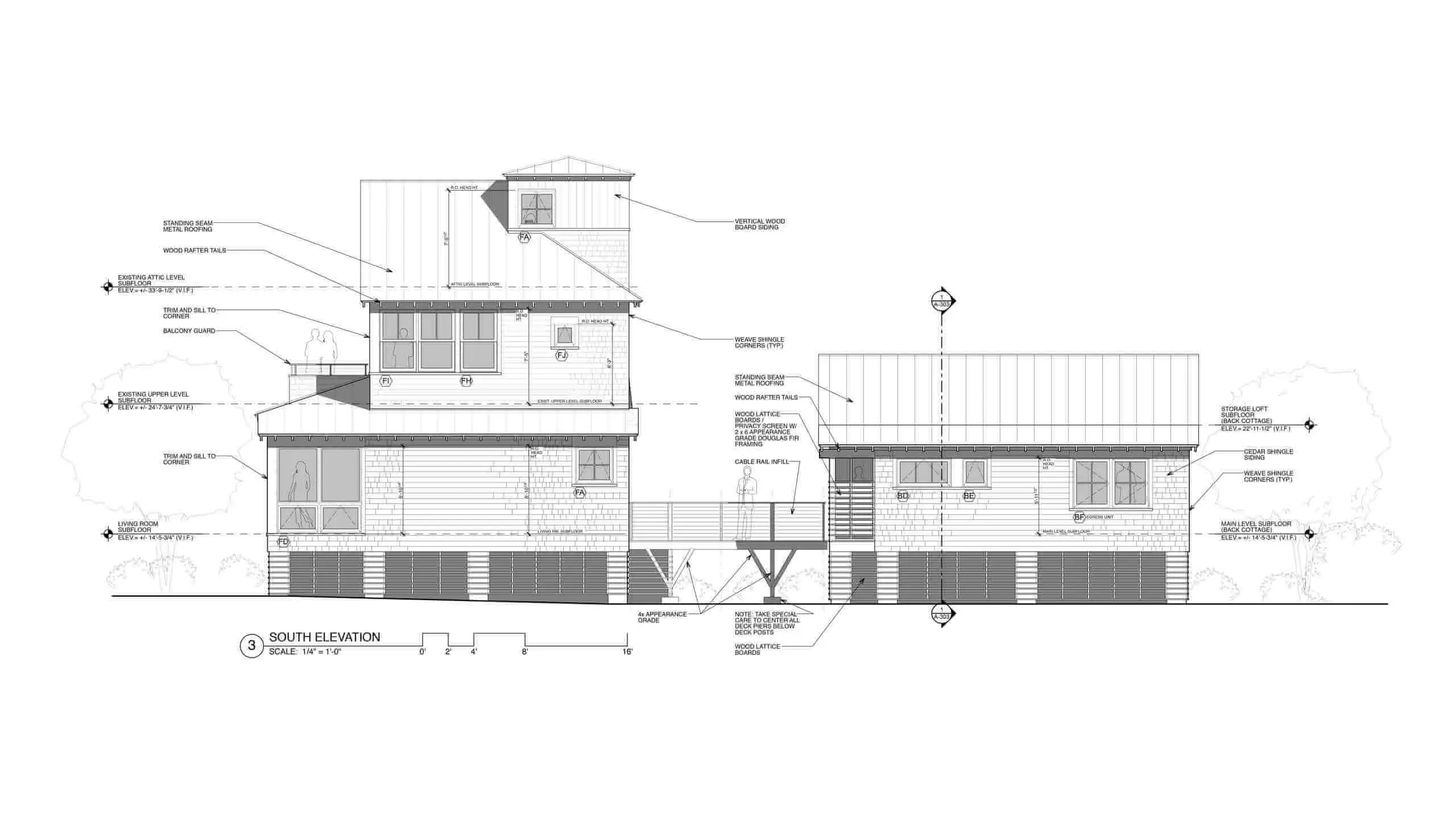 Architectural south elevation drawing of a modern multi-level house