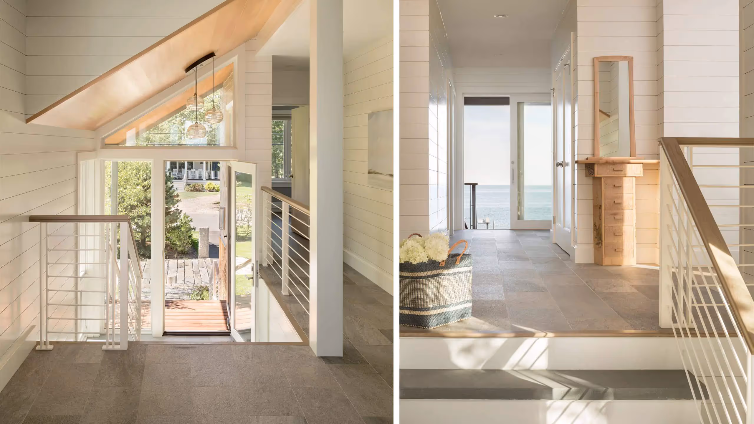 Modern beach house interior with white walls, stairs, and ocean view