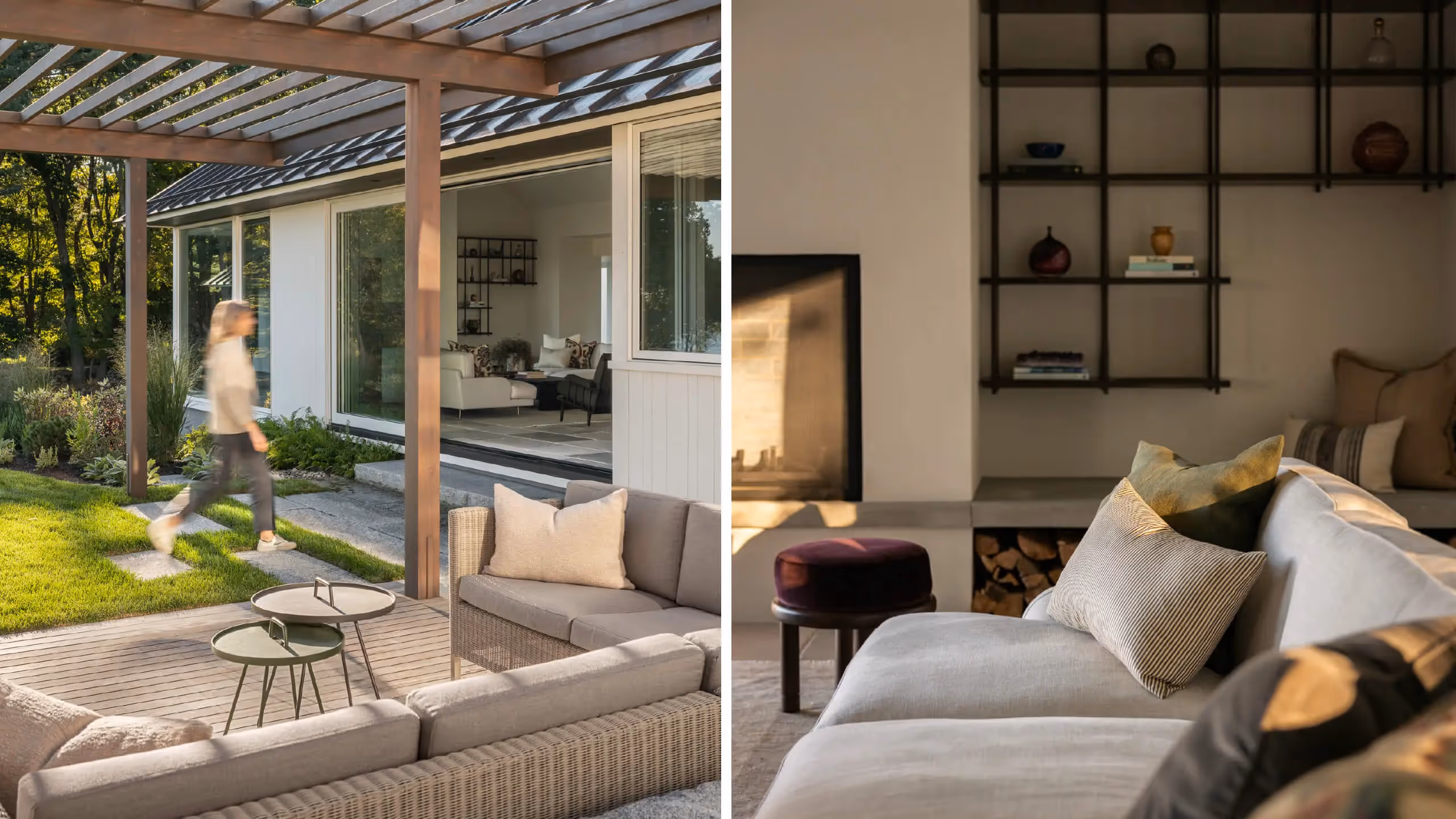 Modern indoor-outdoor living space with wooden pergola and minimalist furniture