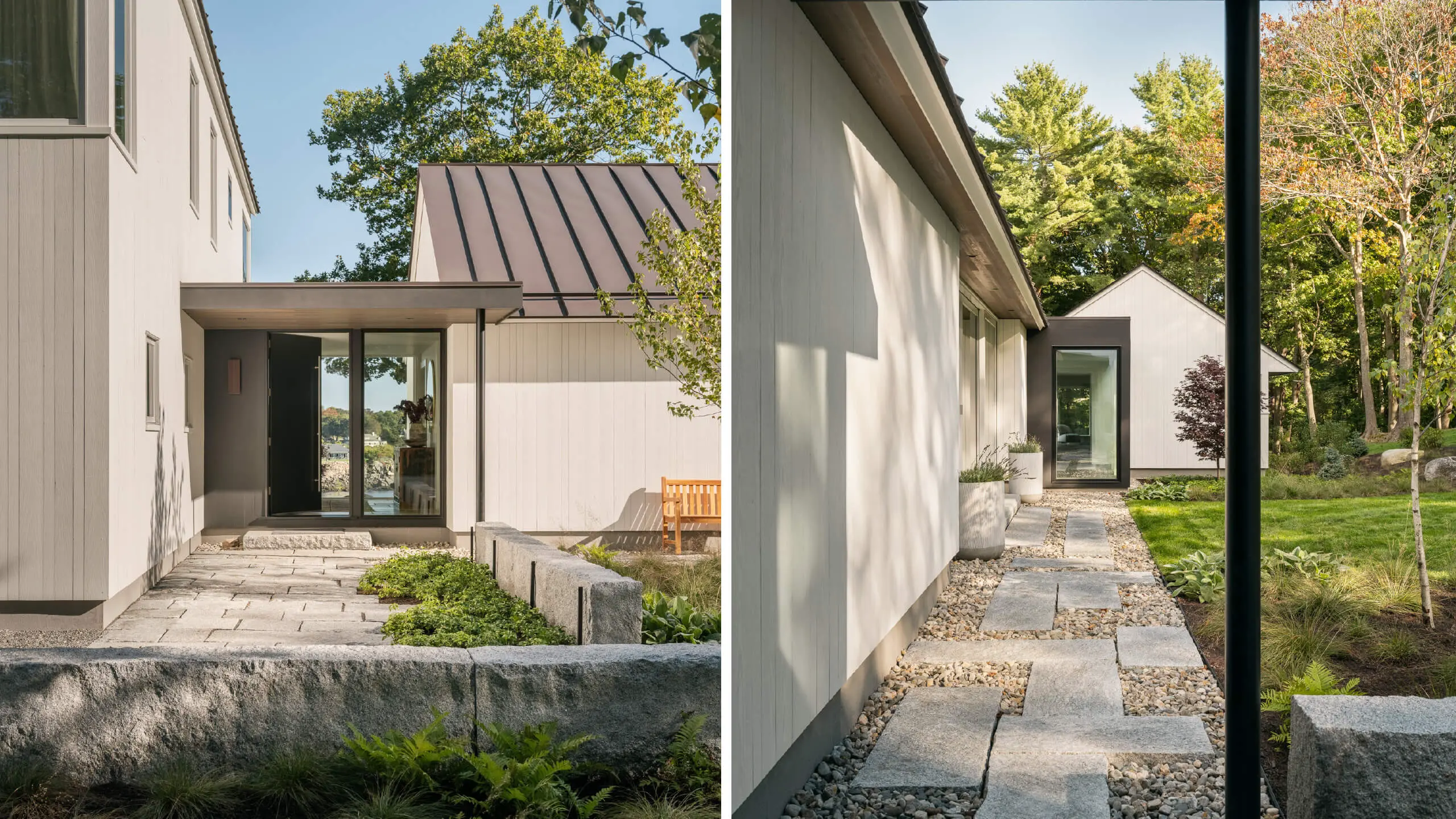 Modern white house with stone walkway and landscaped garden