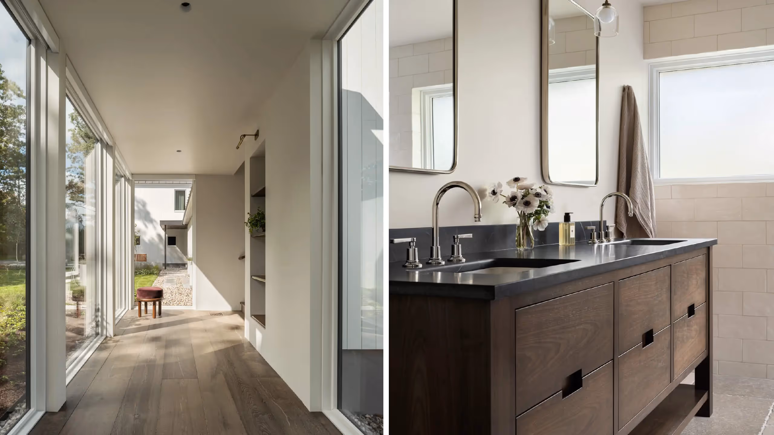 Modern interior with glass hallway and sleek bathroom with wooden vanity