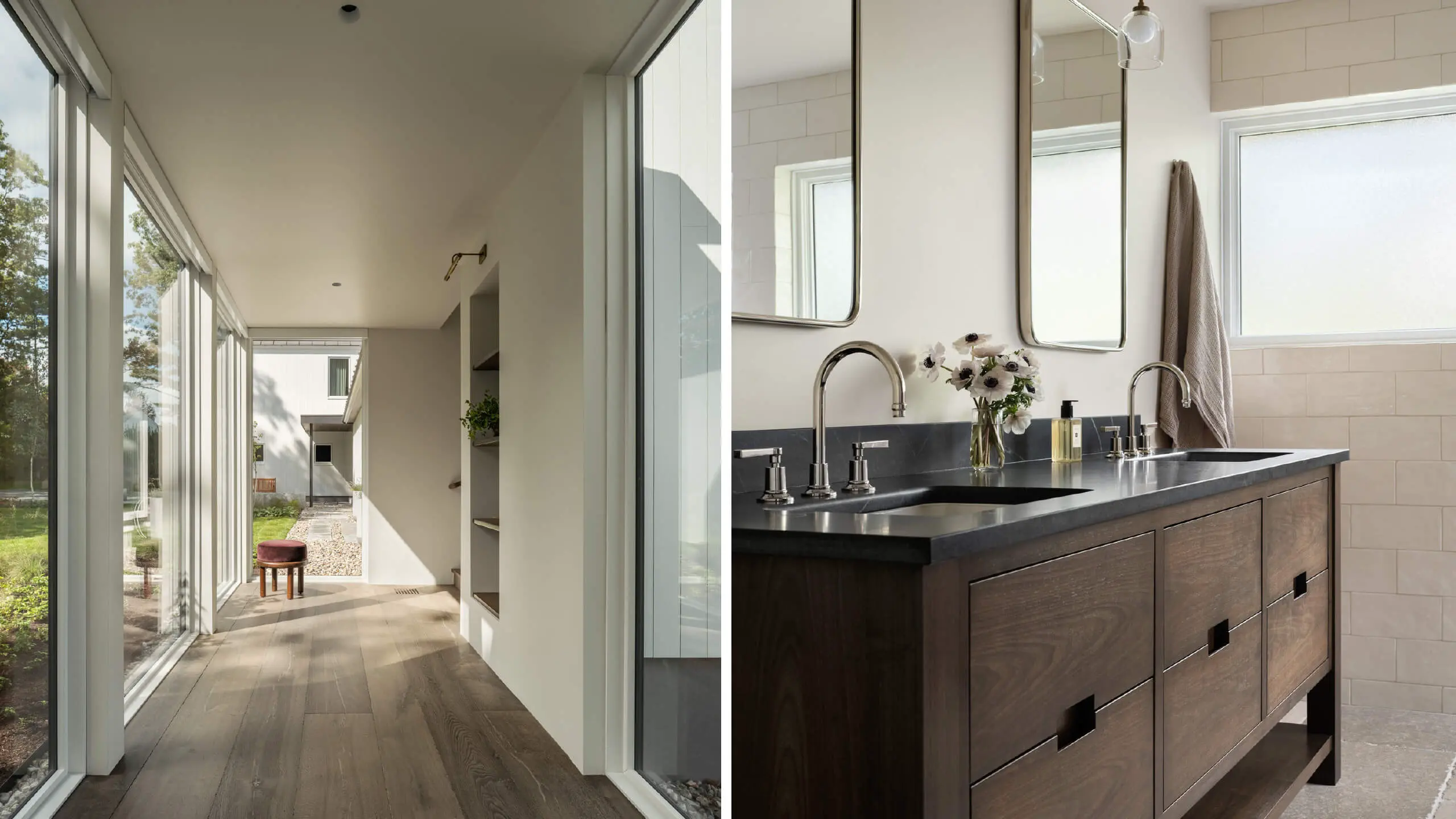 Modern interior with glass hallway and sleek bathroom with wooden vanity