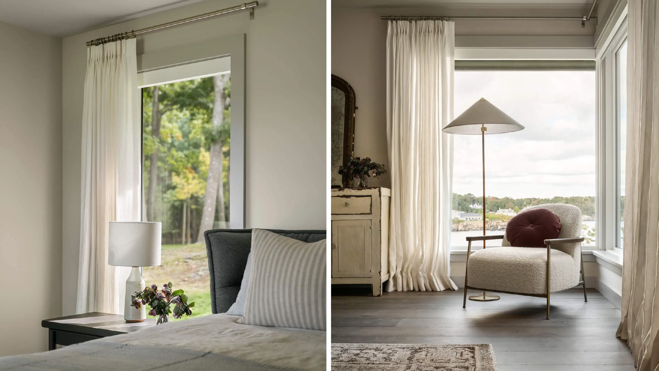 Cozy interior with soft curtains, lamps, and views of trees and landscape