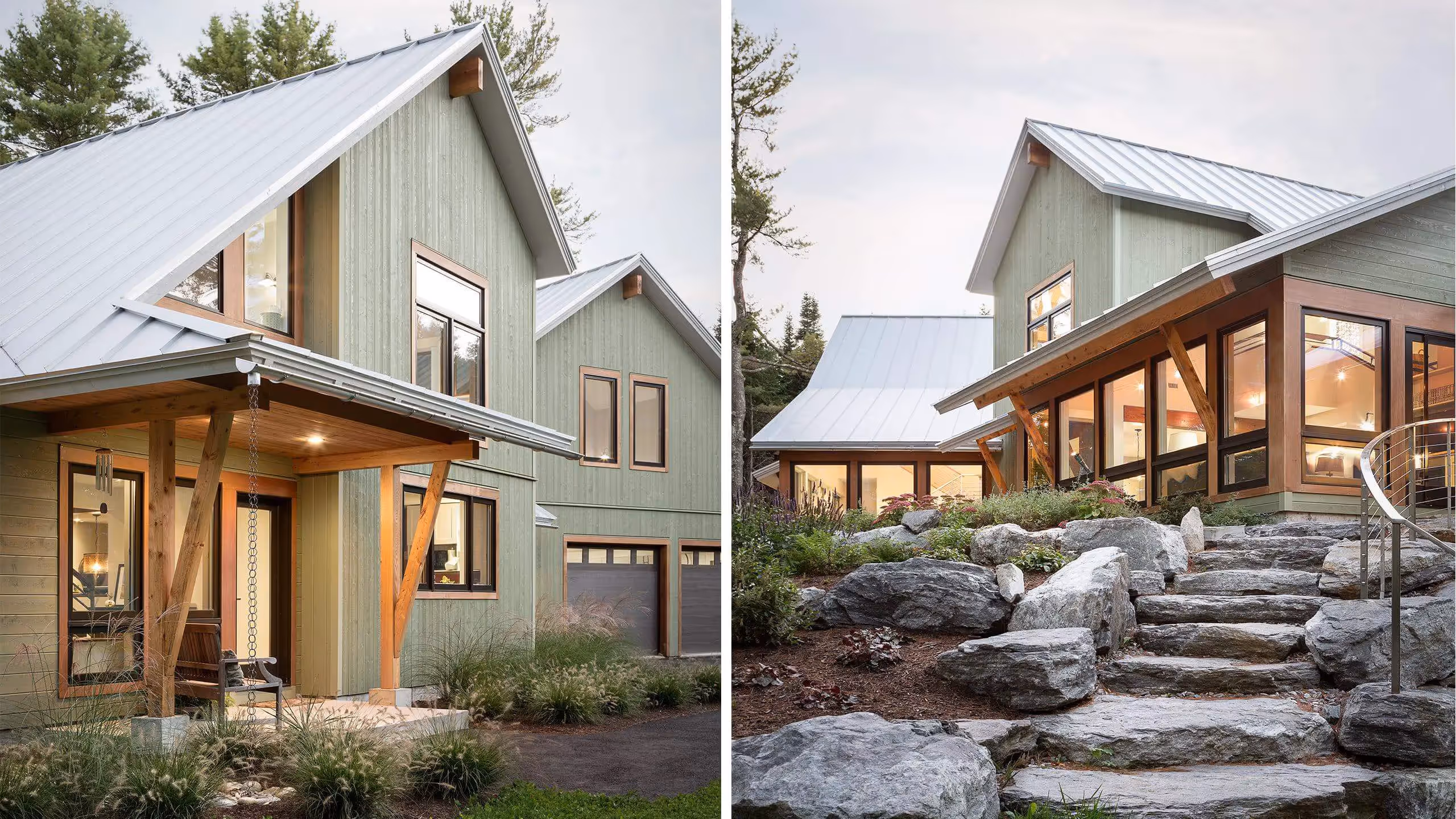 Modern green wooden house with white roof and large windows in forest setting