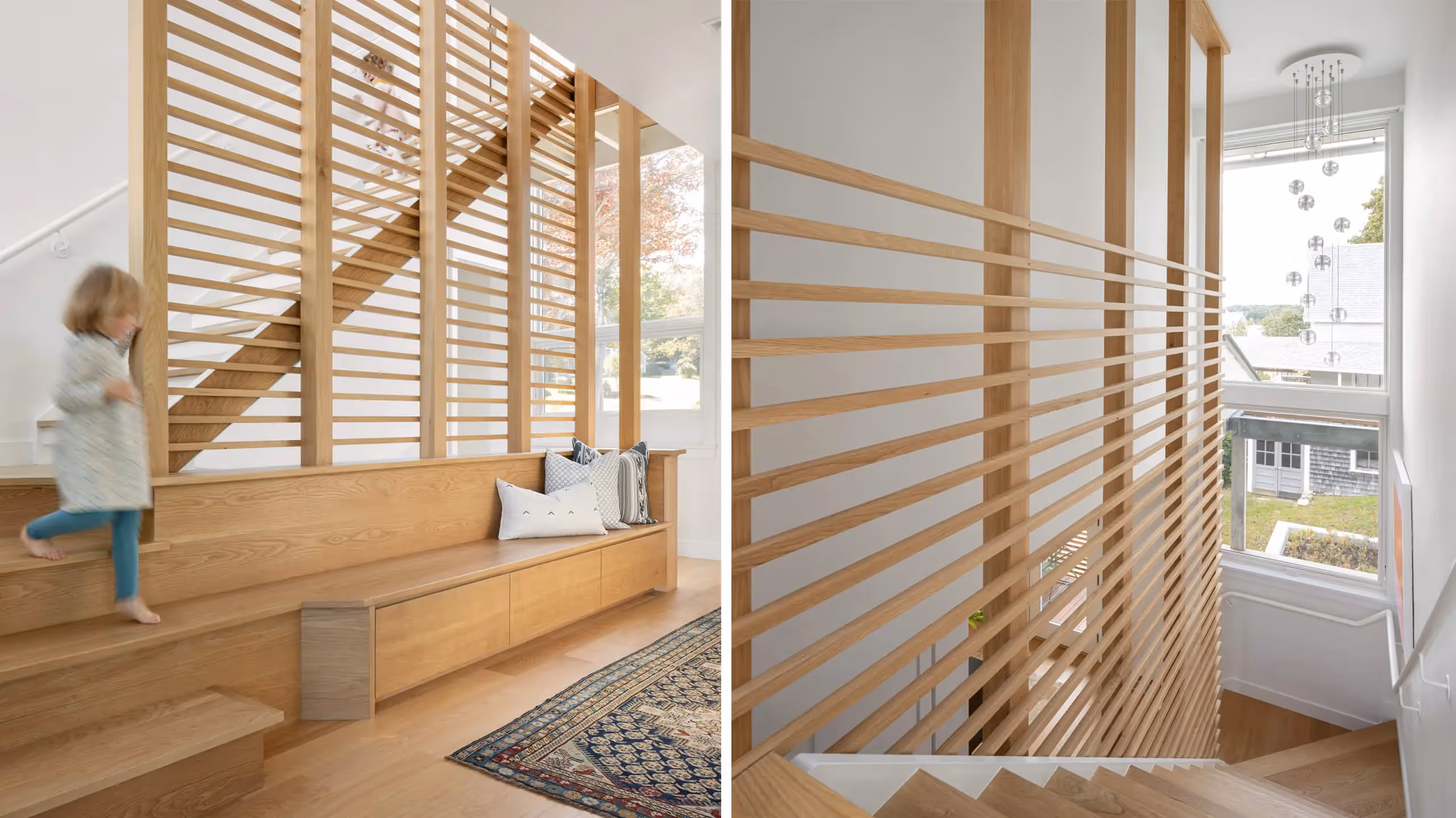 Modern wooden staircase with slatted walls and built-in bench seat