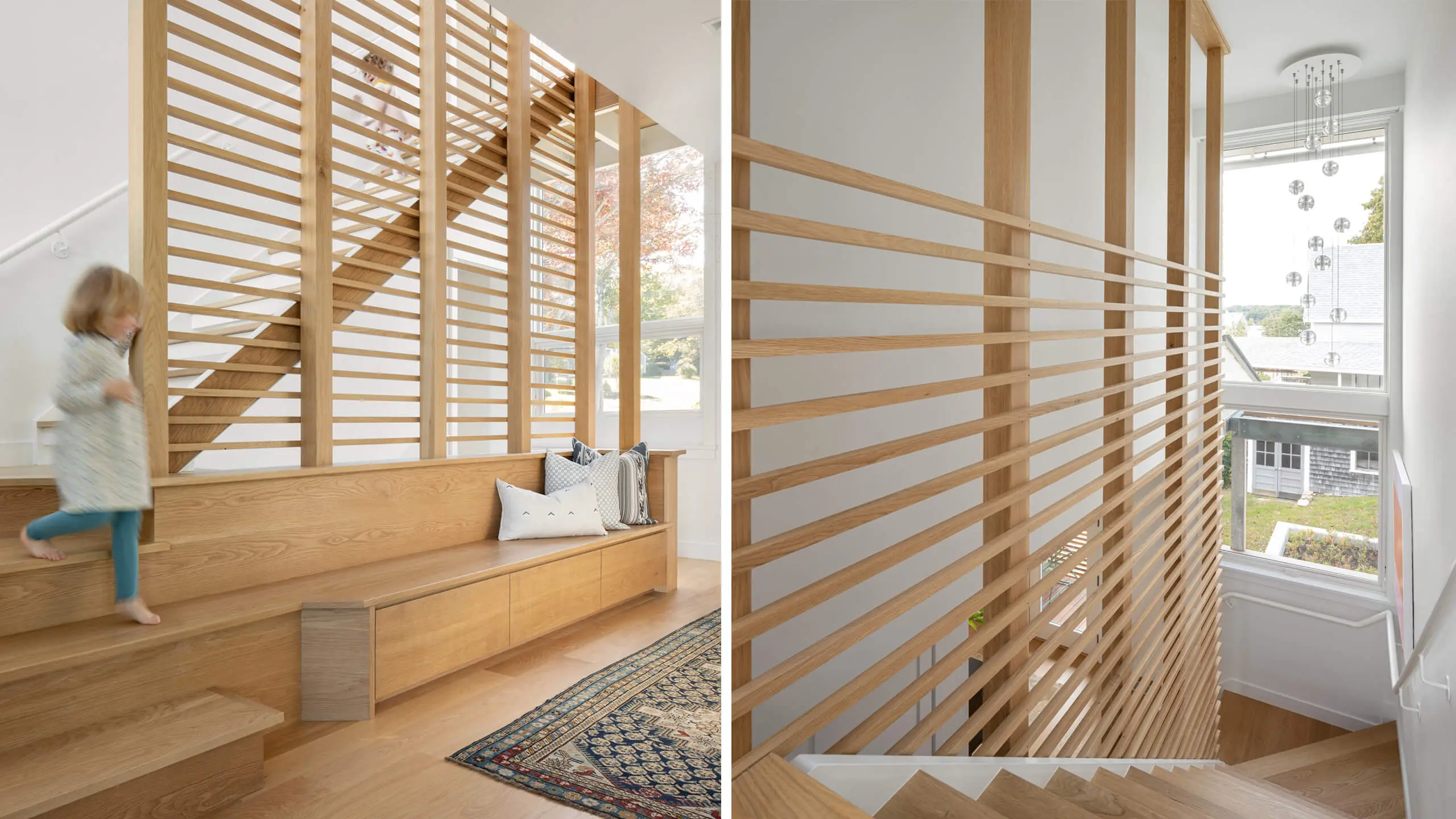 Modern wooden staircase with slatted walls and built-in bench seat
