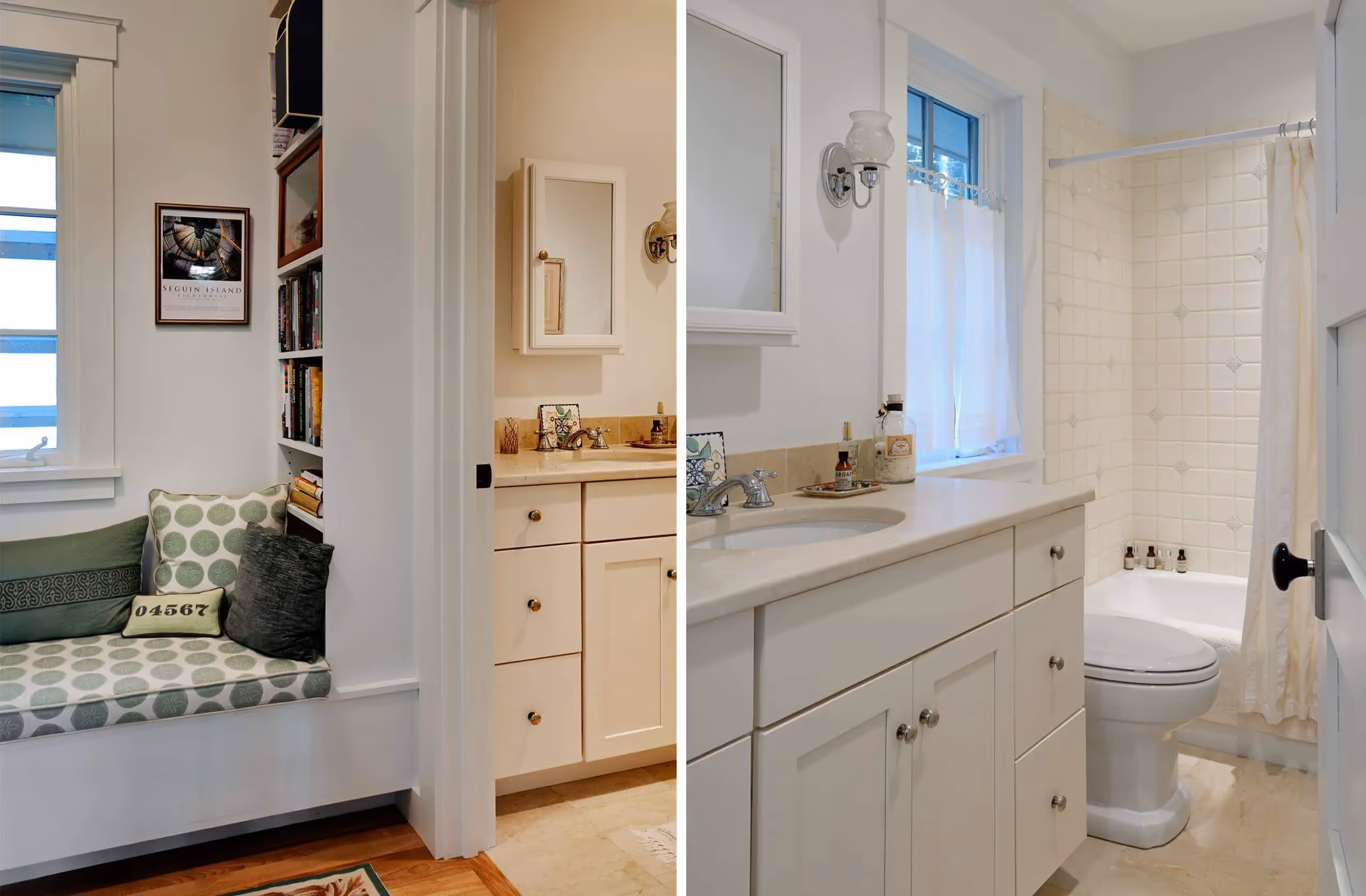 Bright, white bathroom with window seat and built-in bookshelf