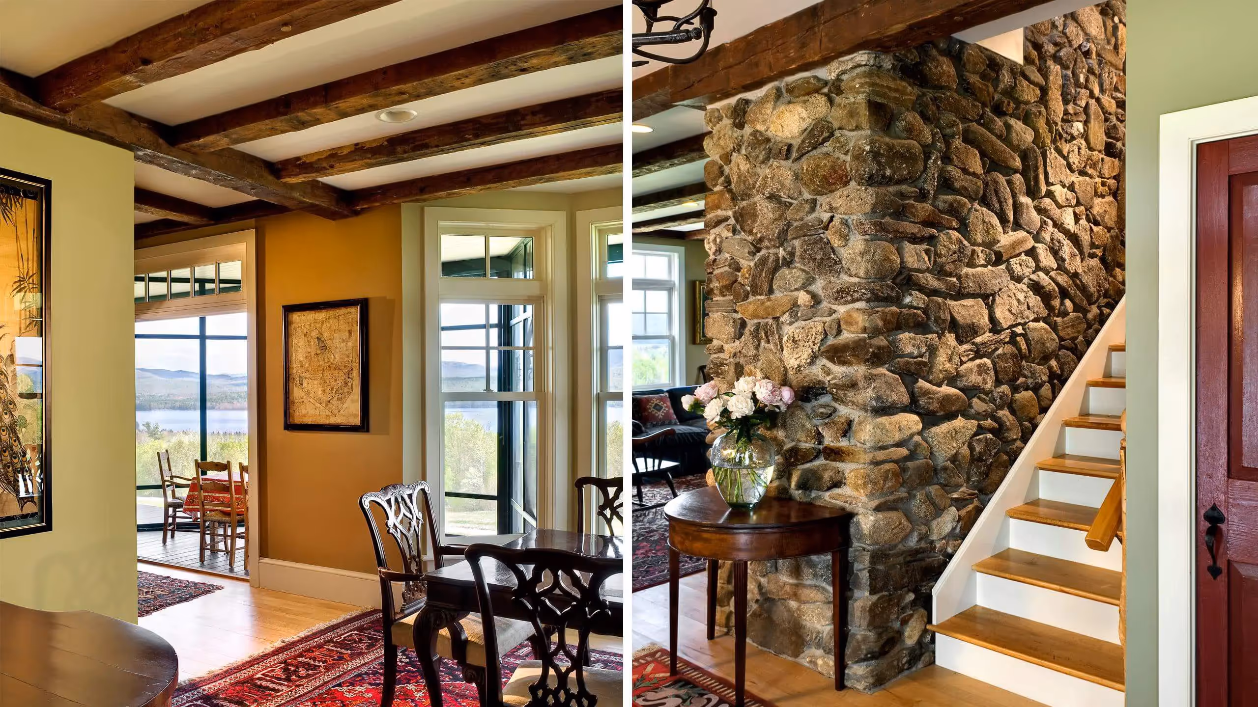 Rustic dining area with stone wall, wooden beams, and large windows