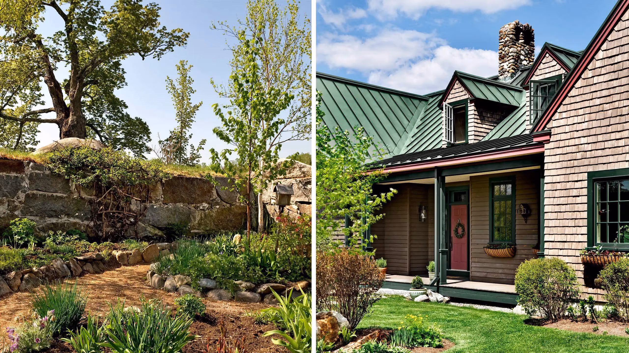Stone wall garden and green-roofed cottage with landscaped yard