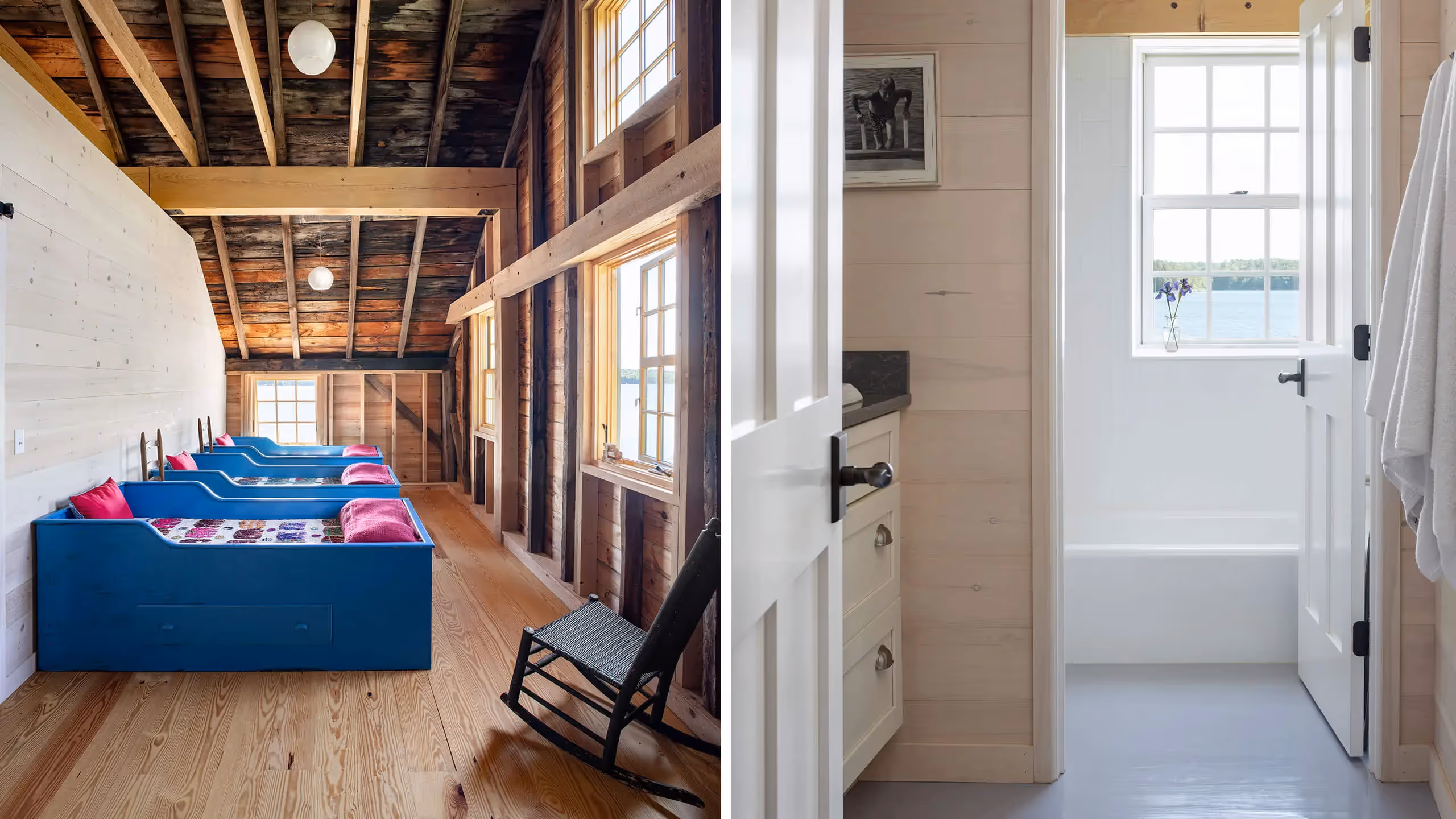 Rustic wooden interior with blue bunk beds and exposed ceiling beams