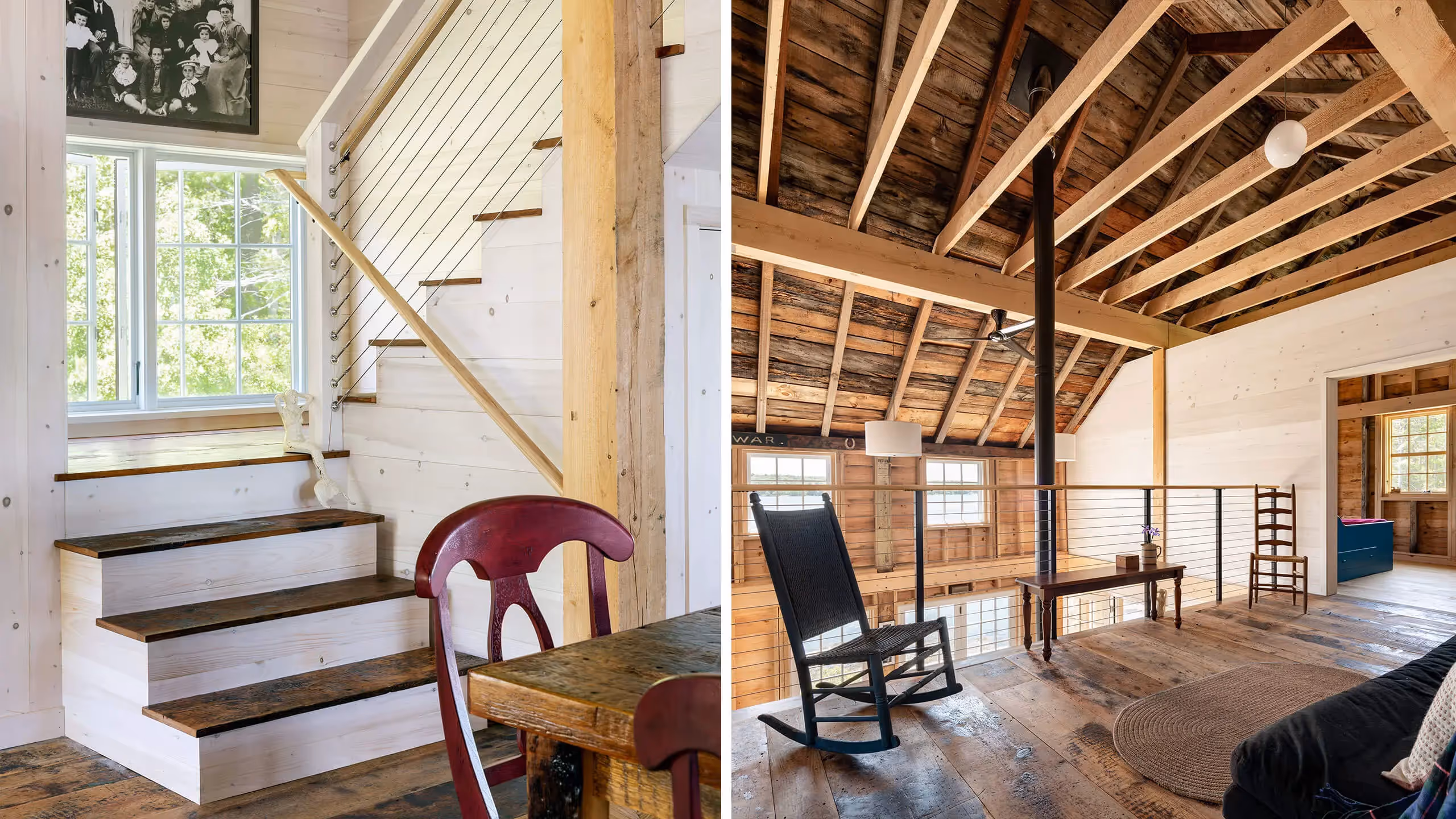 Rustic wooden interior with stairs, rocking chair, and exposed beams