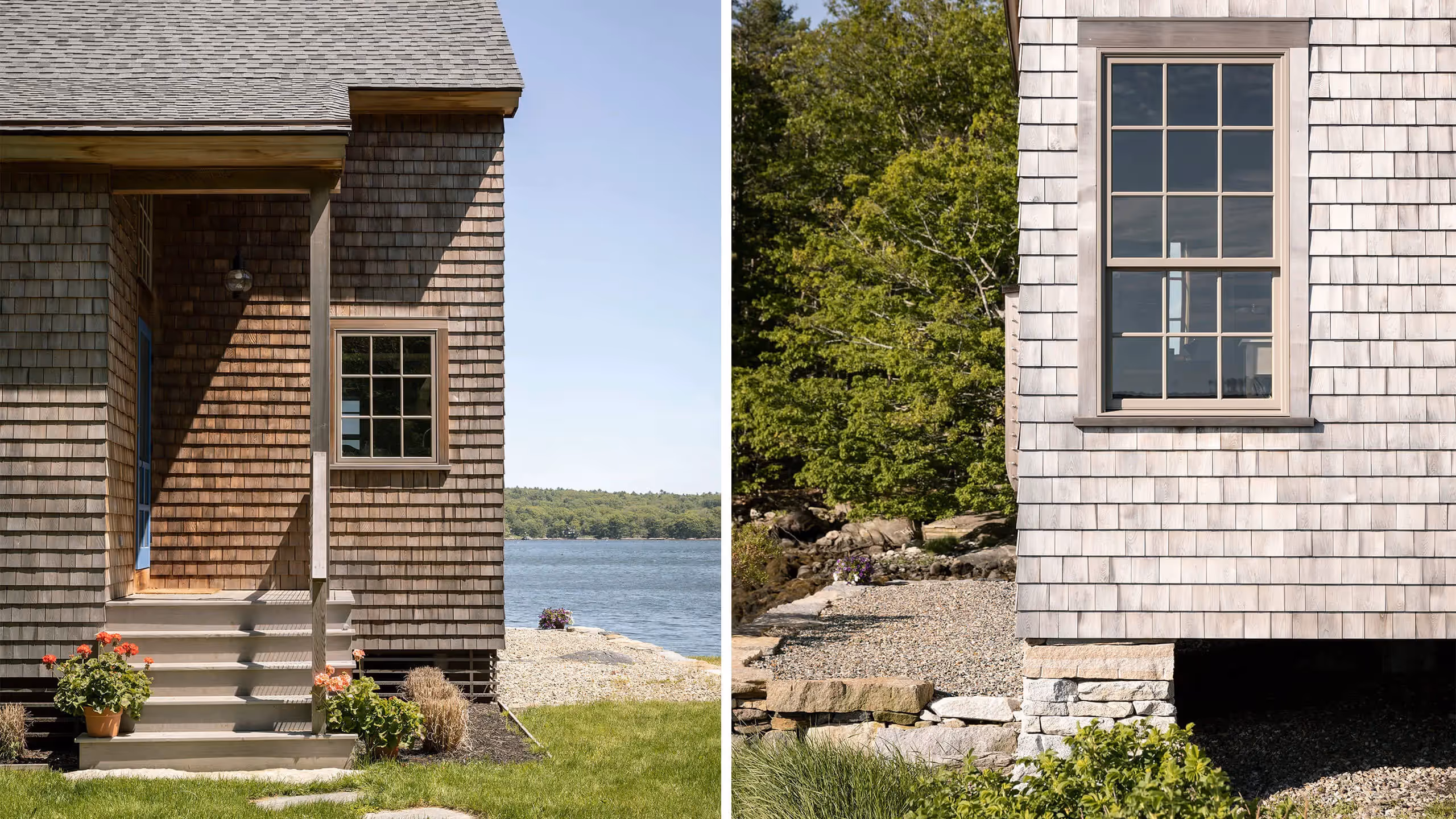 Coastal shingle-style house with lake view and landscaped rocky shoreline