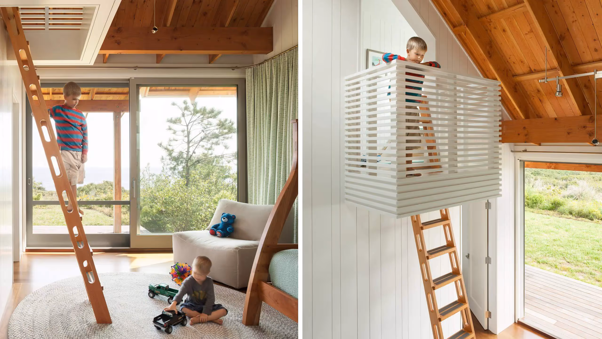 Modern wooden interior with children playing near unique ladder and cube structure
