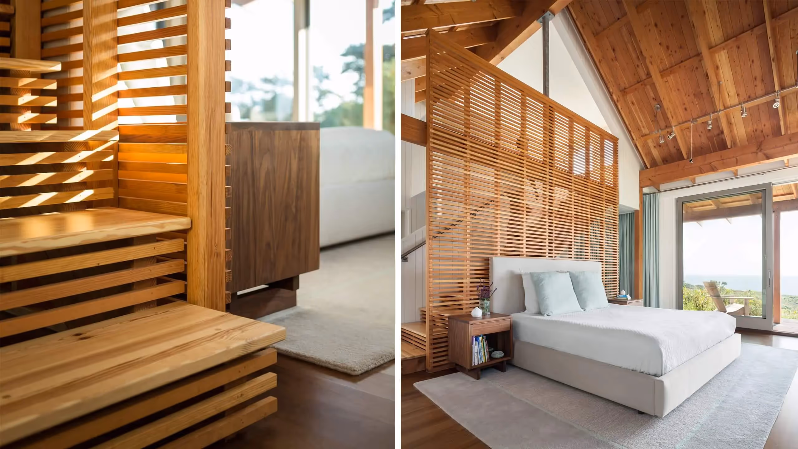 Modern wooden bedroom with slatted walls and large window view