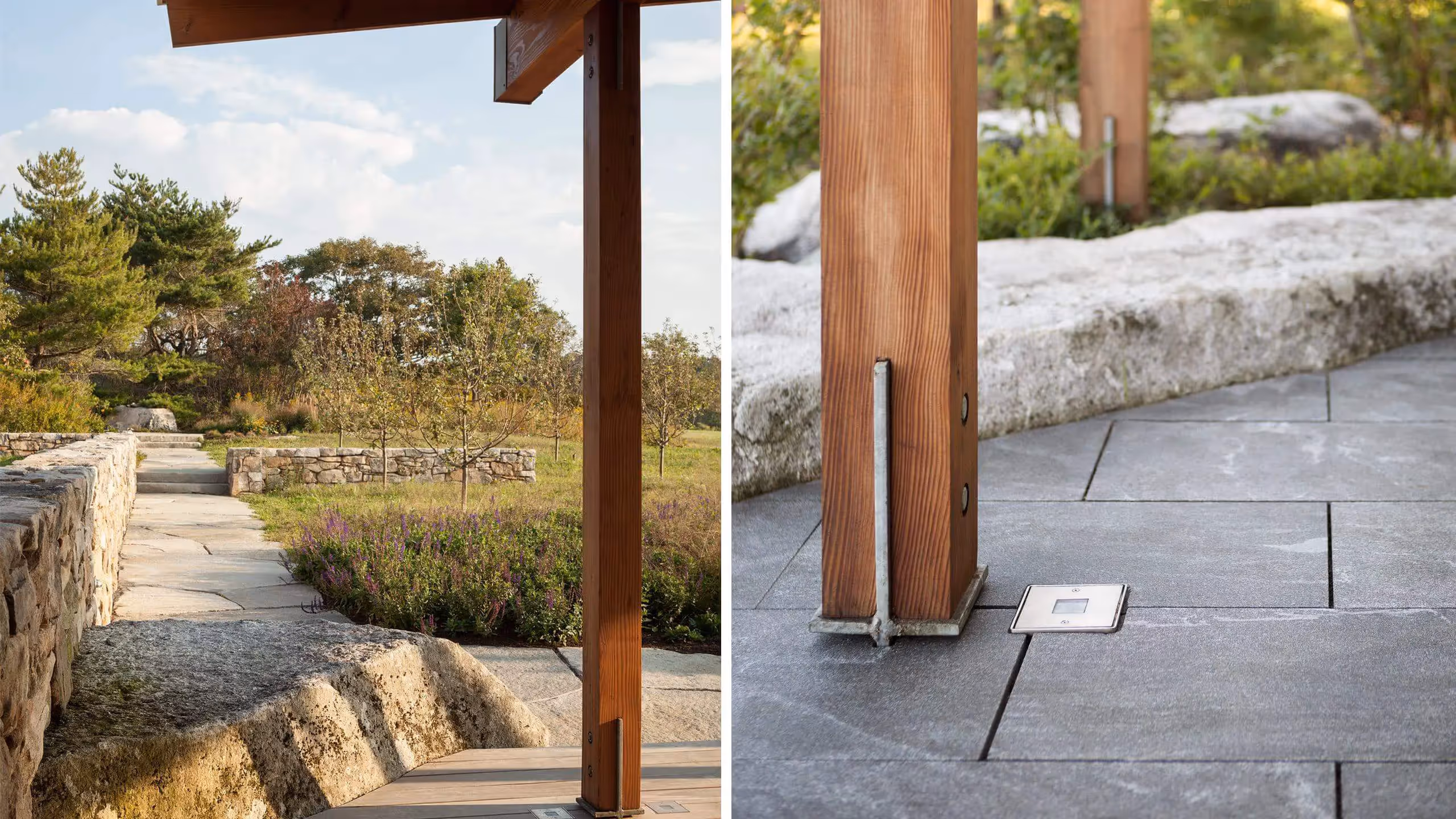 Wooden post detail in landscaped garden with stone steps and flowers