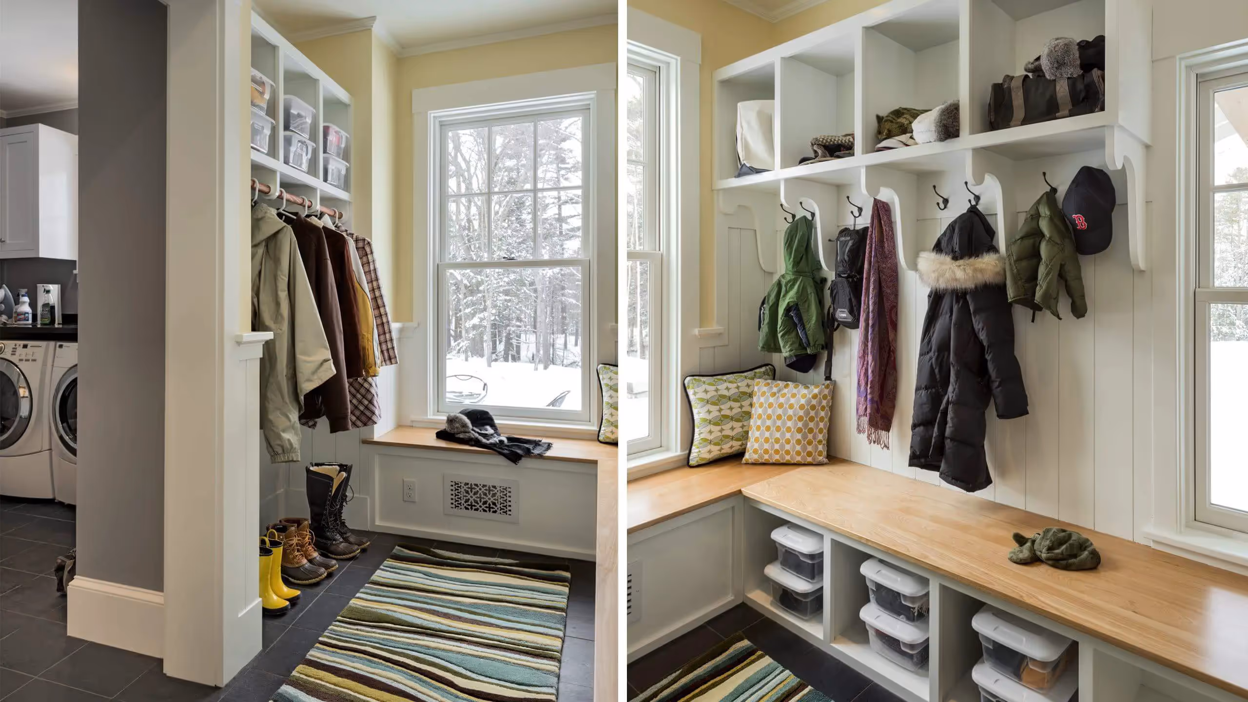 Organized mudroom with winter coats, boots, and storage shelves by snowy window