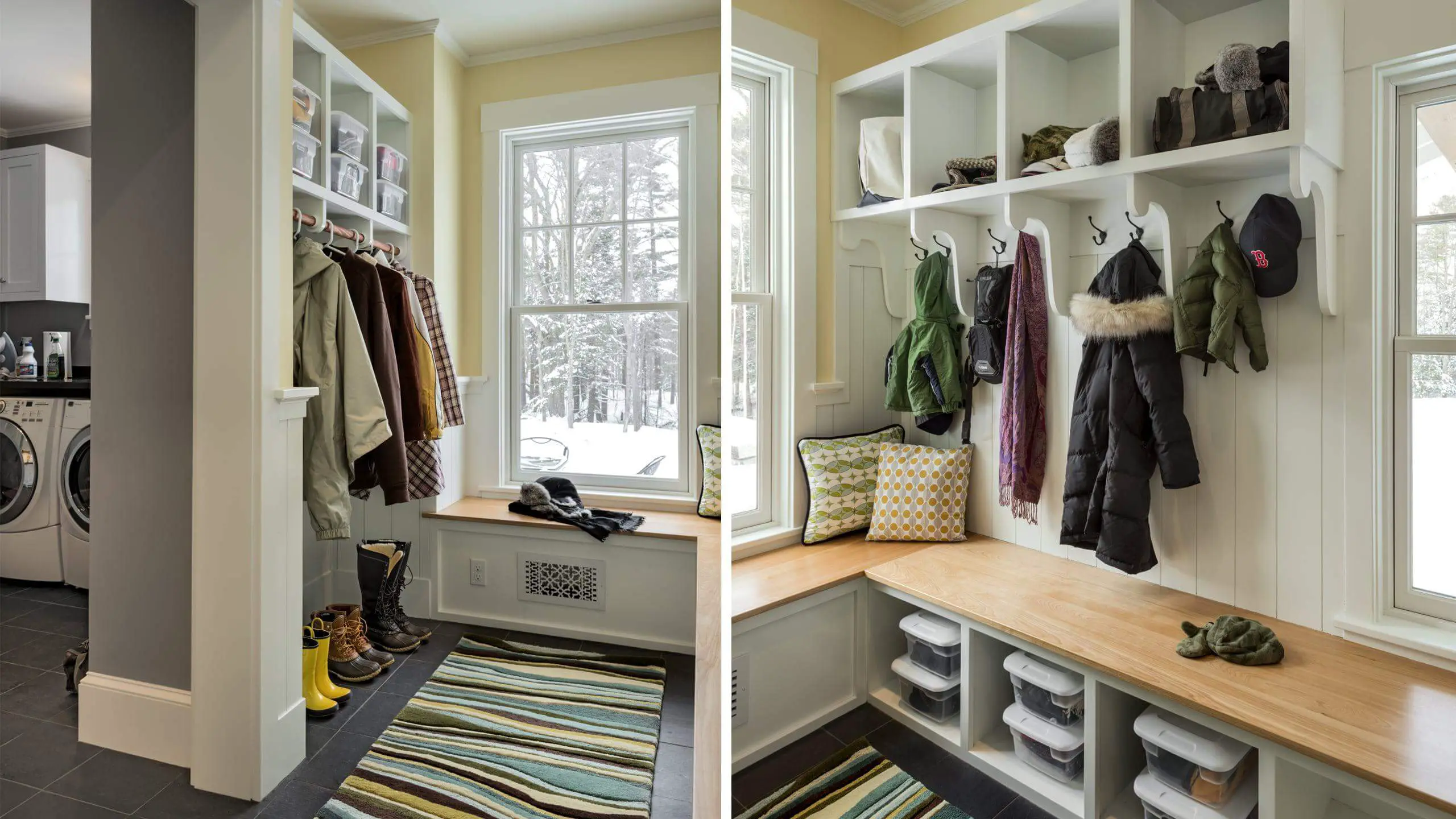 Organized mudroom with winter coats, boots, and storage shelves by snowy window
