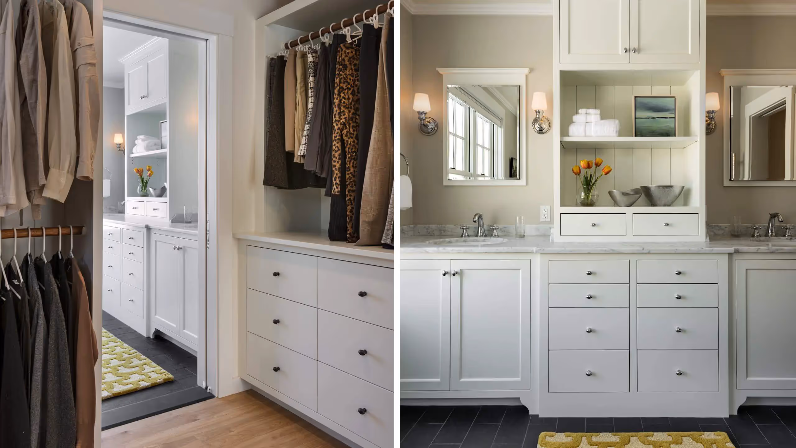 Elegant white closet and bathroom with built-in storage and yellow tulips