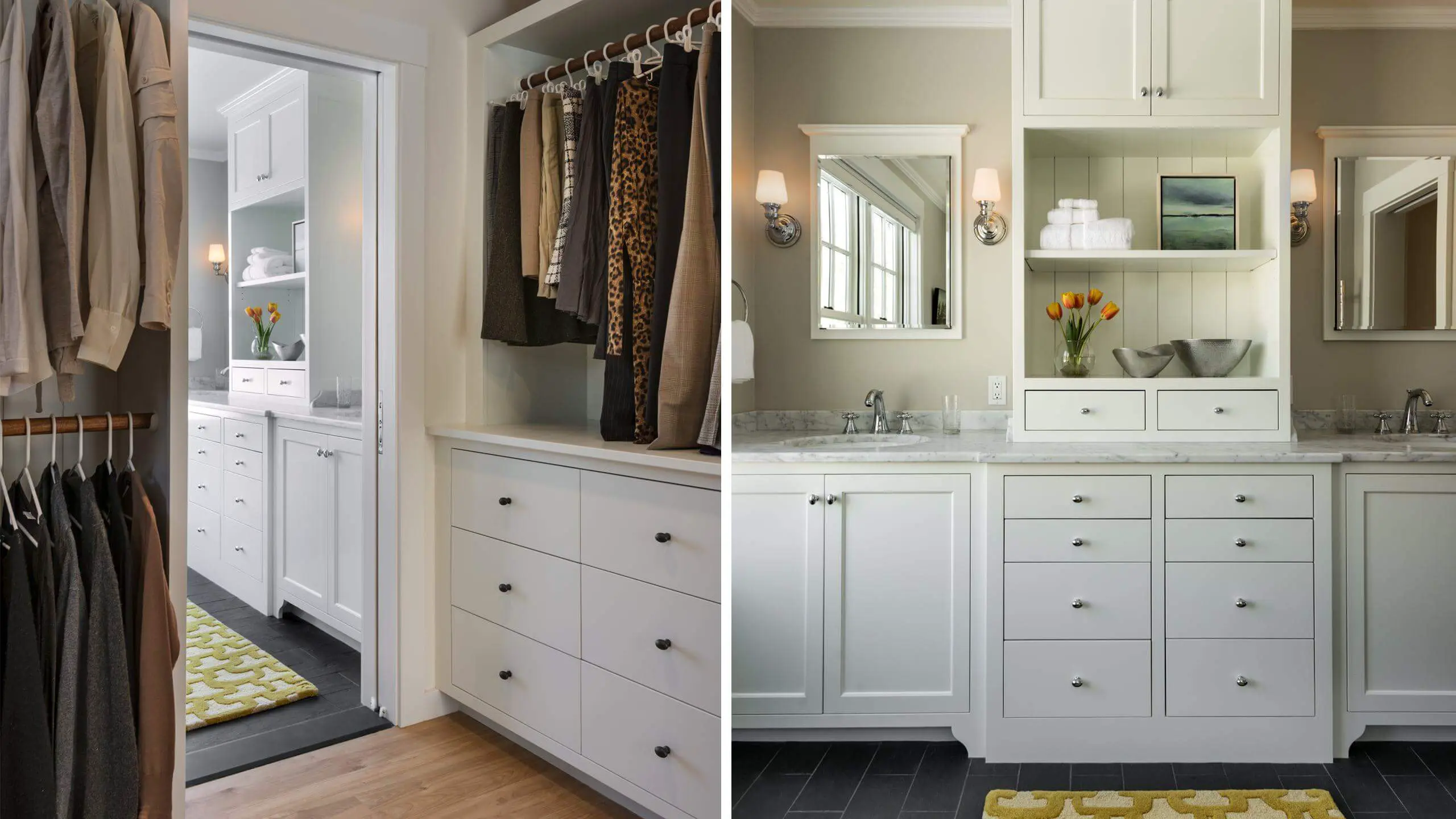 Elegant white closet and bathroom with built-in storage and yellow tulips