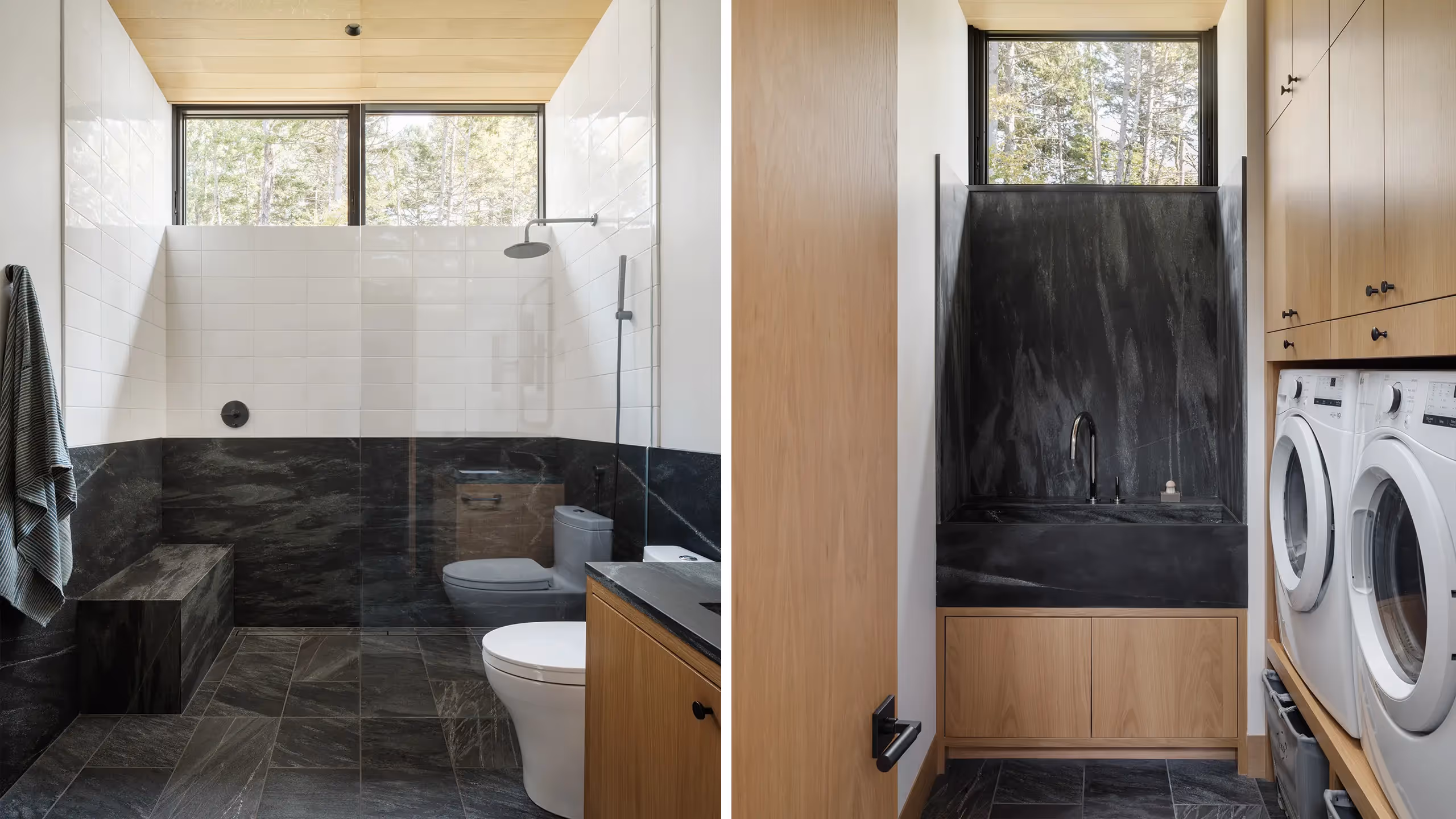 Modern bathroom and laundry room with black tiles and wood accents