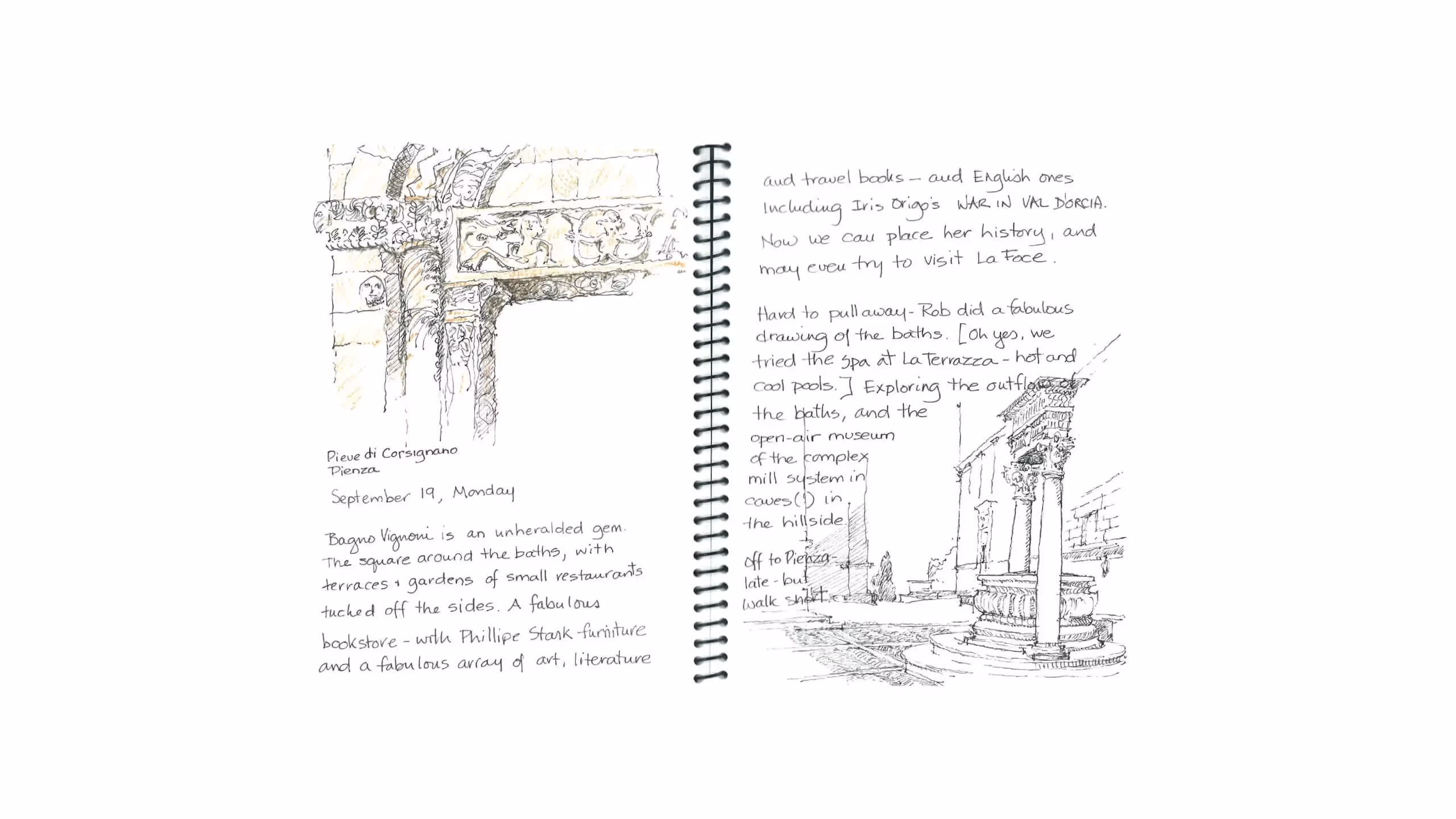 Handwritten travel journal with sketches of architectural details and notes