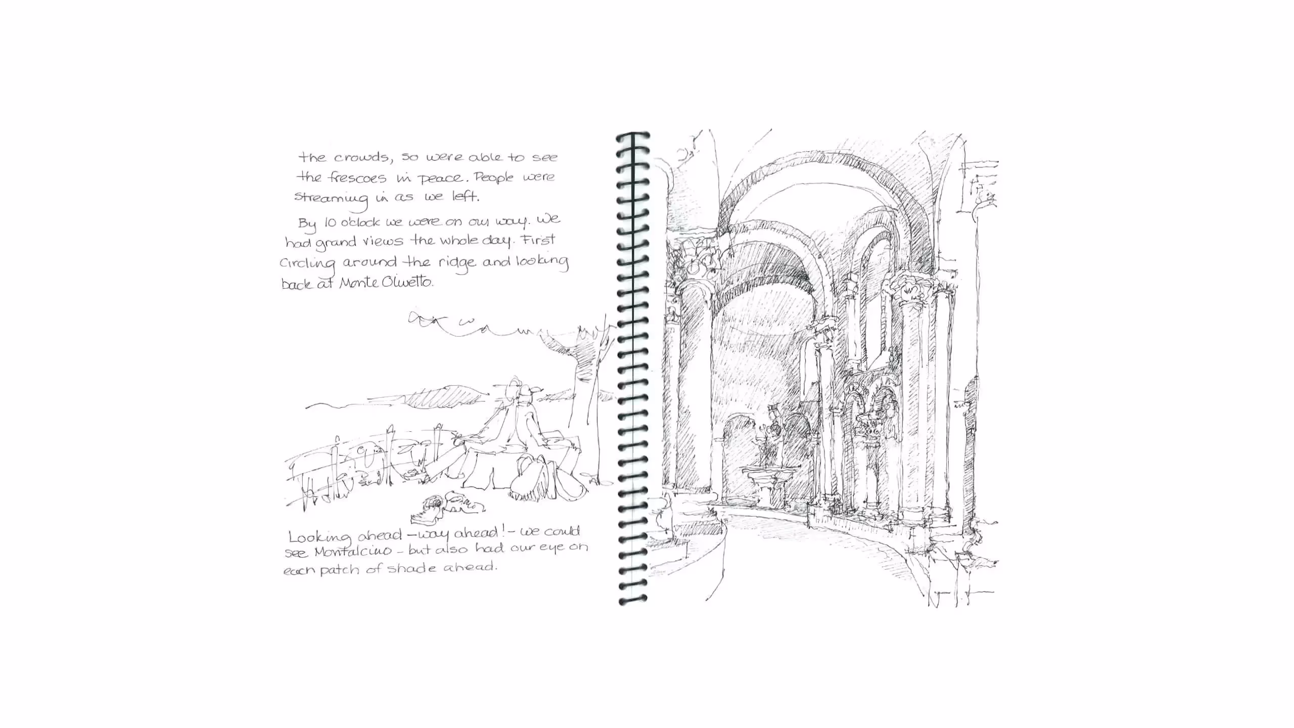 Sketch of architectural interior with arched columns and landscape scene