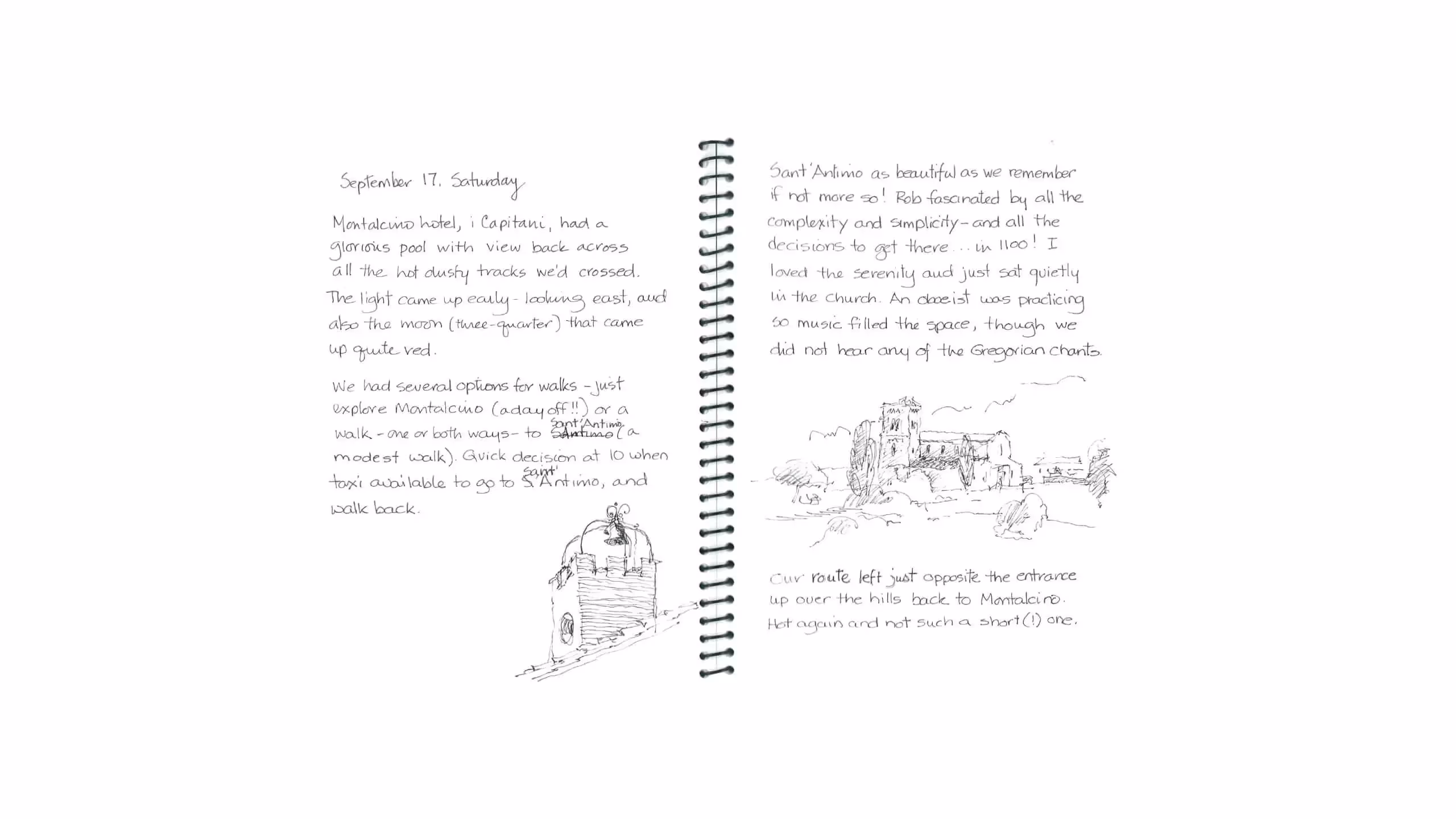 Handwritten journal page with sketches describing a day in Sant'Antimo