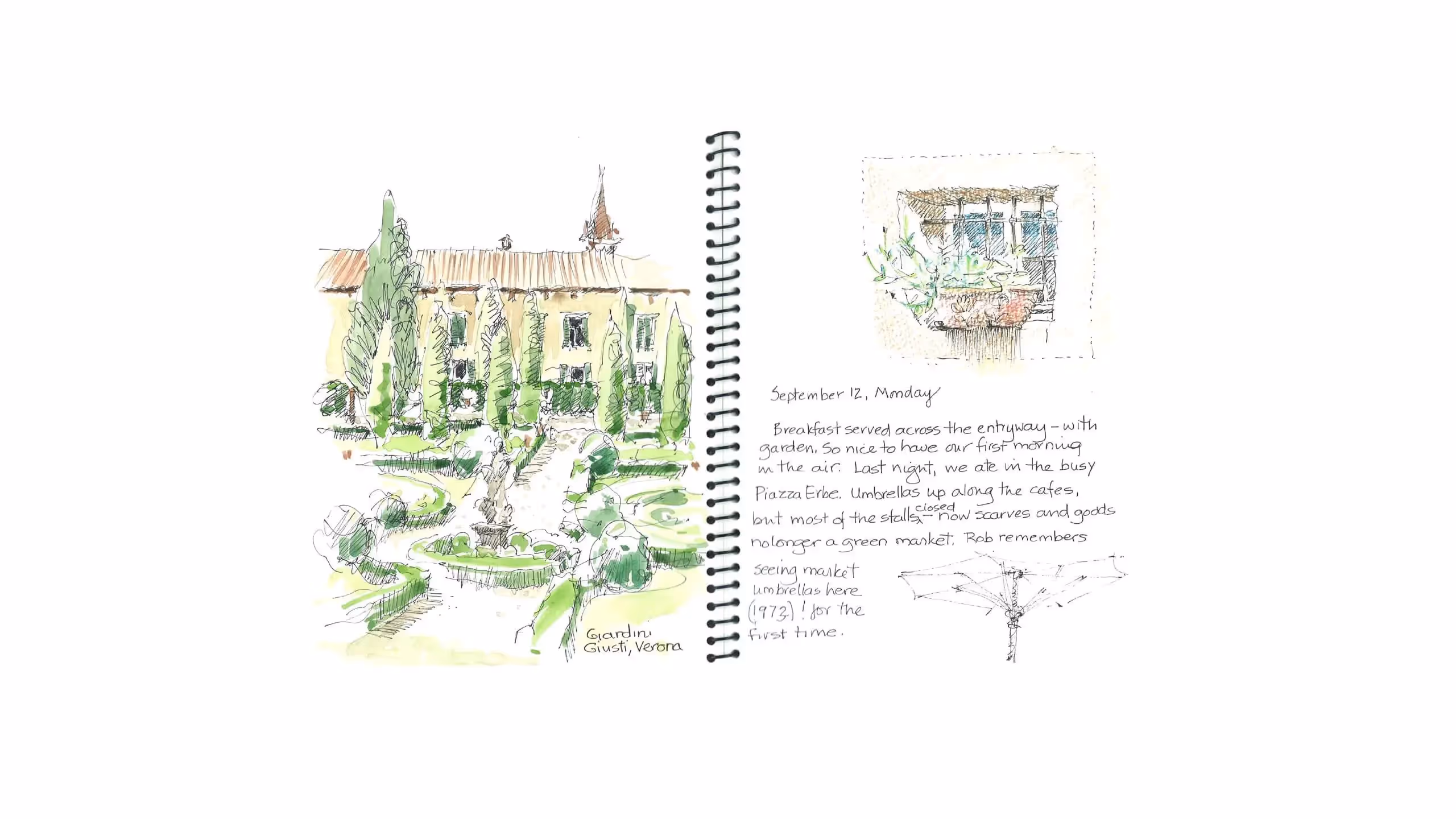 Watercolor sketch of Giardini Giusti in Verona with garden and historic building