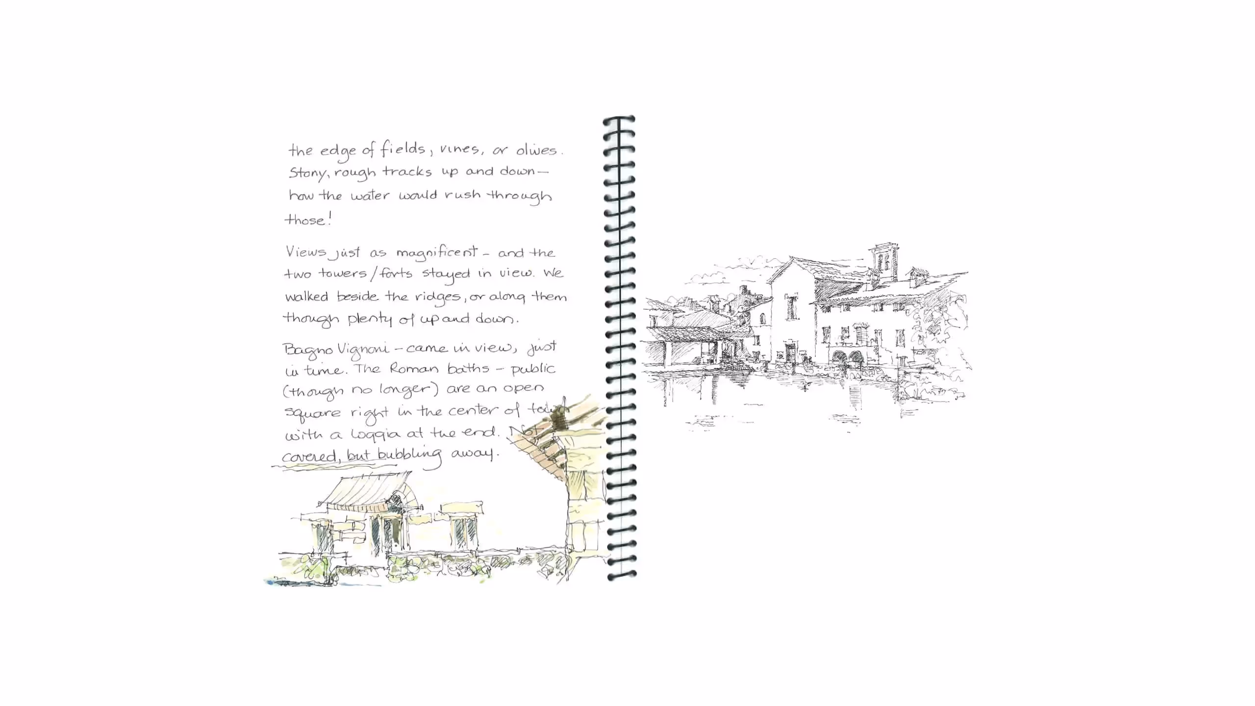 Hand-drawn sketch of Italian village with architectural details and handwritten notes