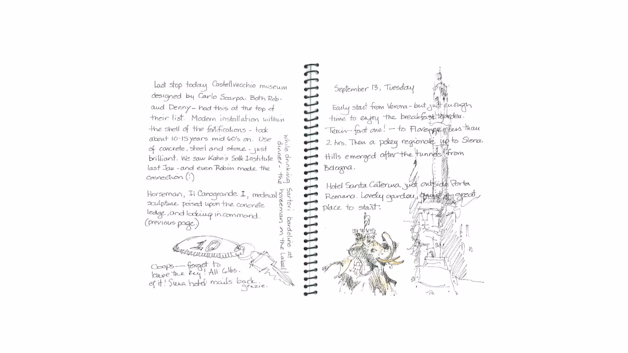 Travel journal with handwritten notes and sketches from Verona and Siena trip