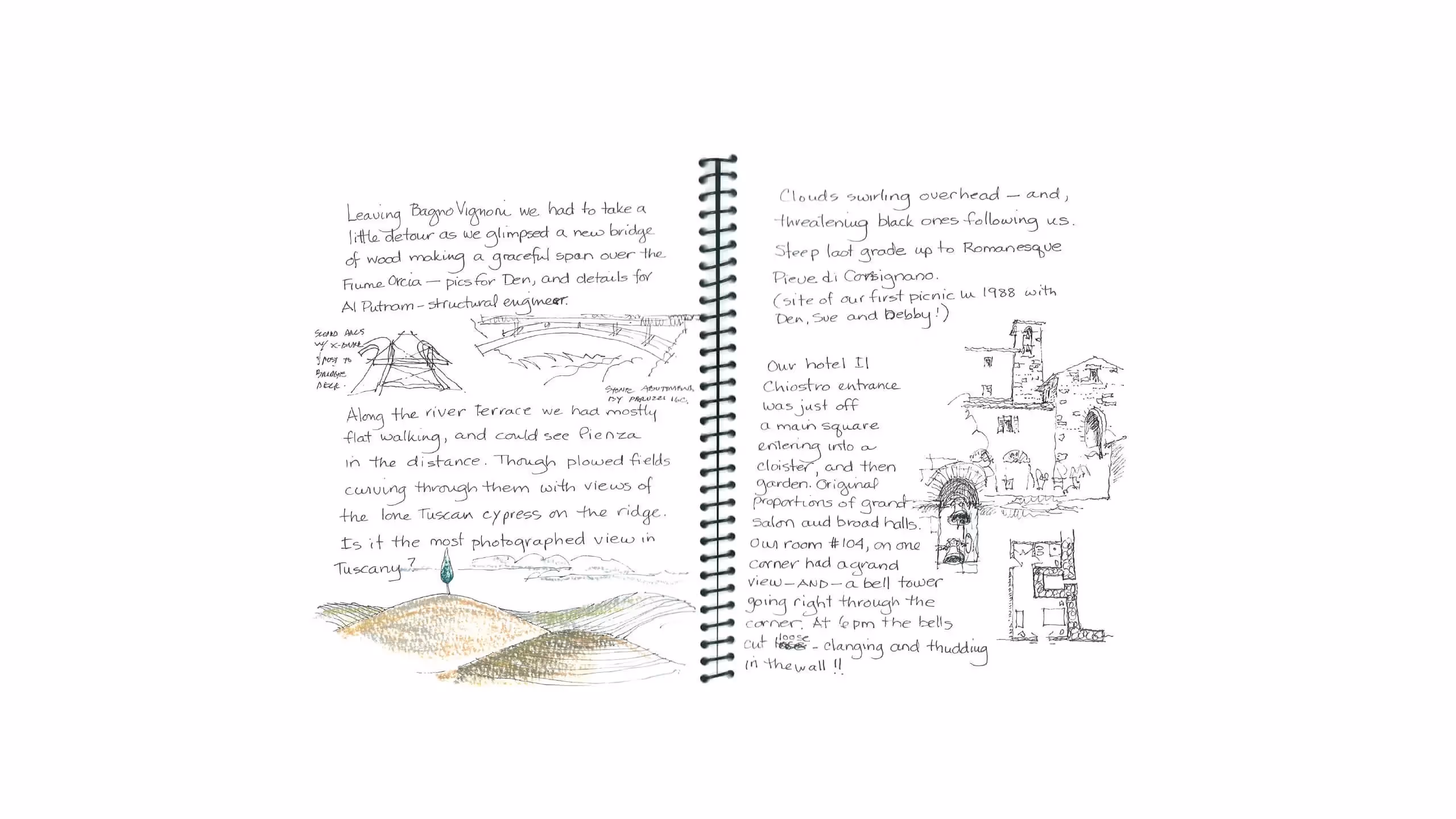 Travel journal with sketches of Tuscan landscape, bridge, and architectural details