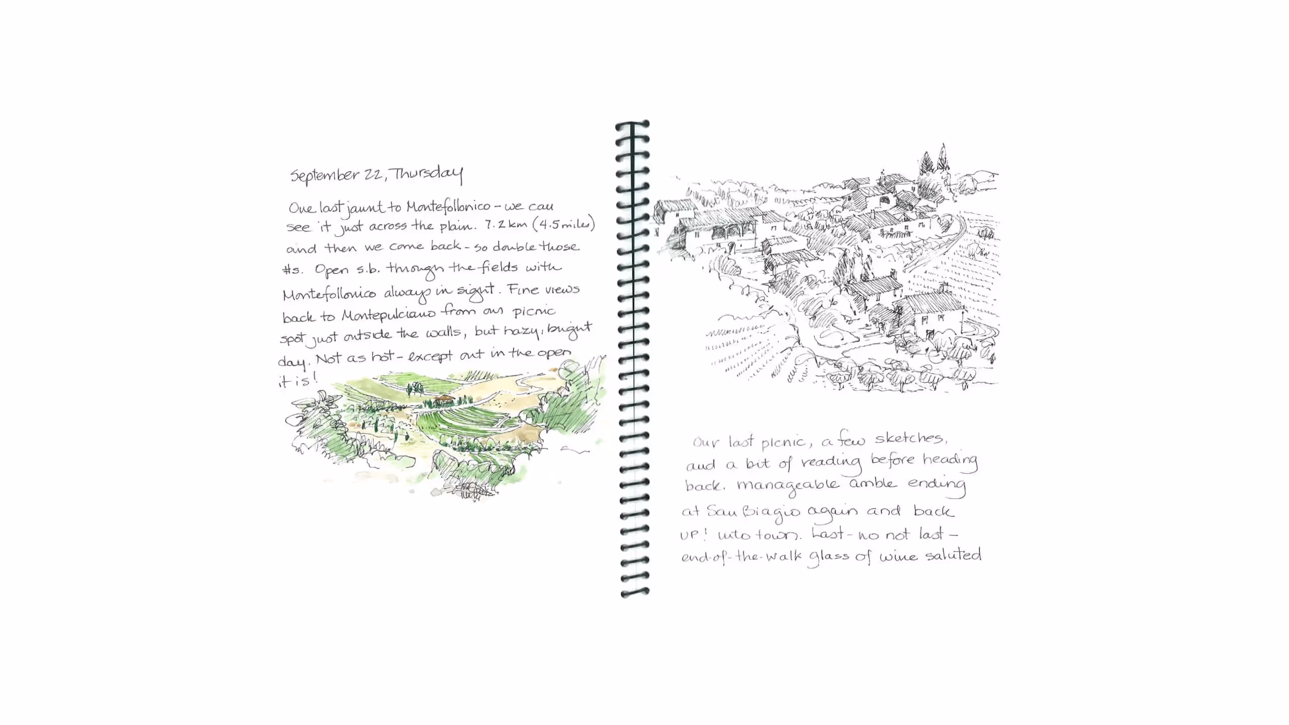 Hand-drawn travel journal with sketches of Italian landscape and handwritten notes