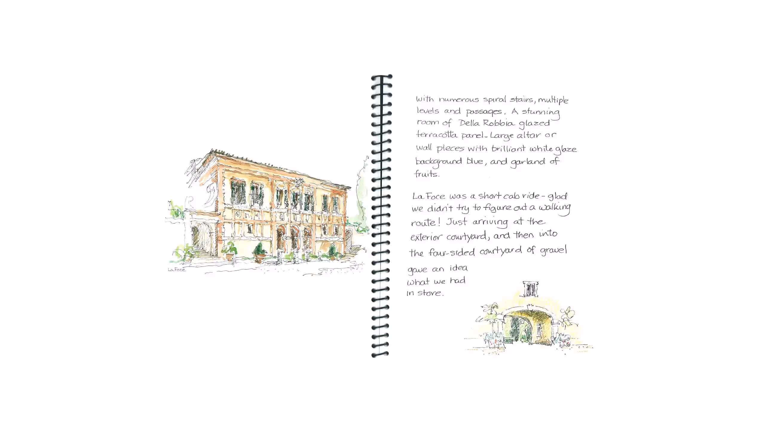 Sketched architectural drawing of a historic building with courtyard