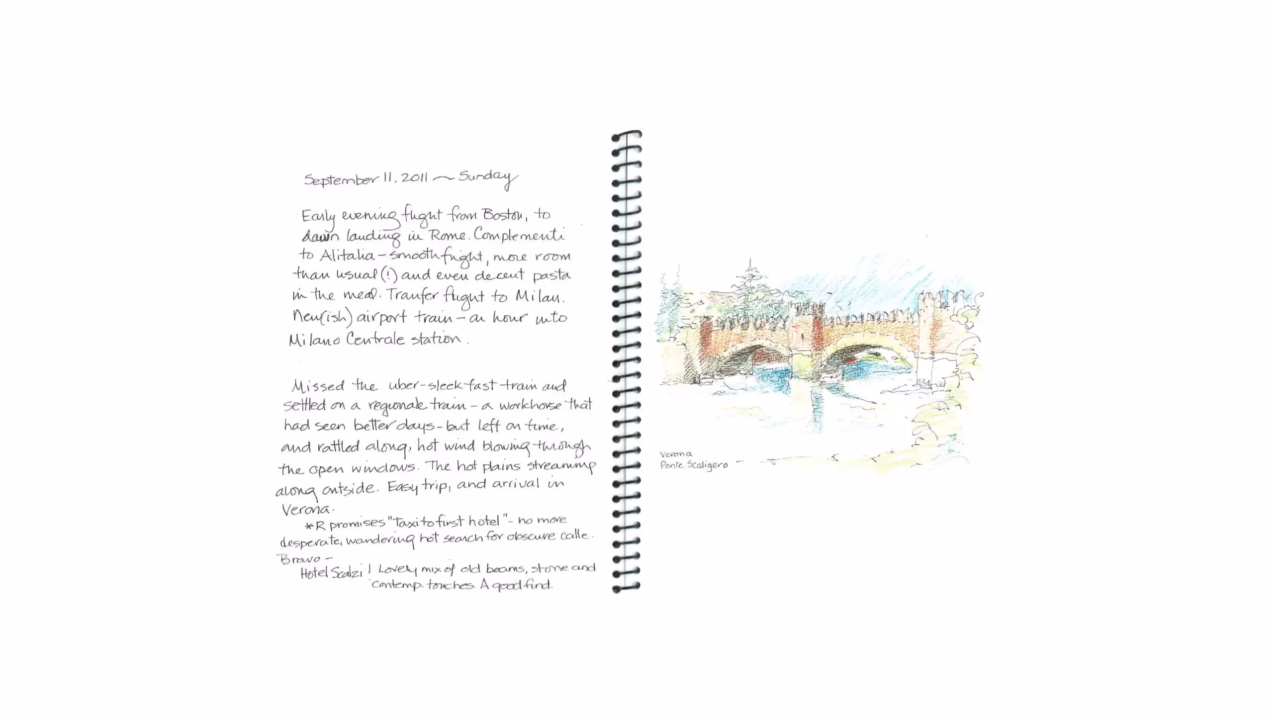 Travel journal page with handwritten notes and watercolor sketch of Verona bridge
