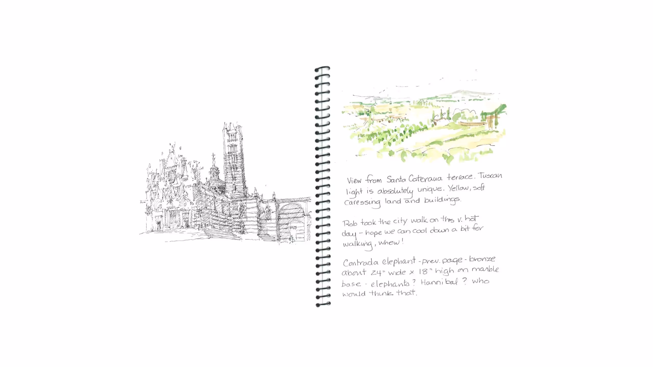 Sketchbook page with architectural drawing and watercolor Tuscan landscape
