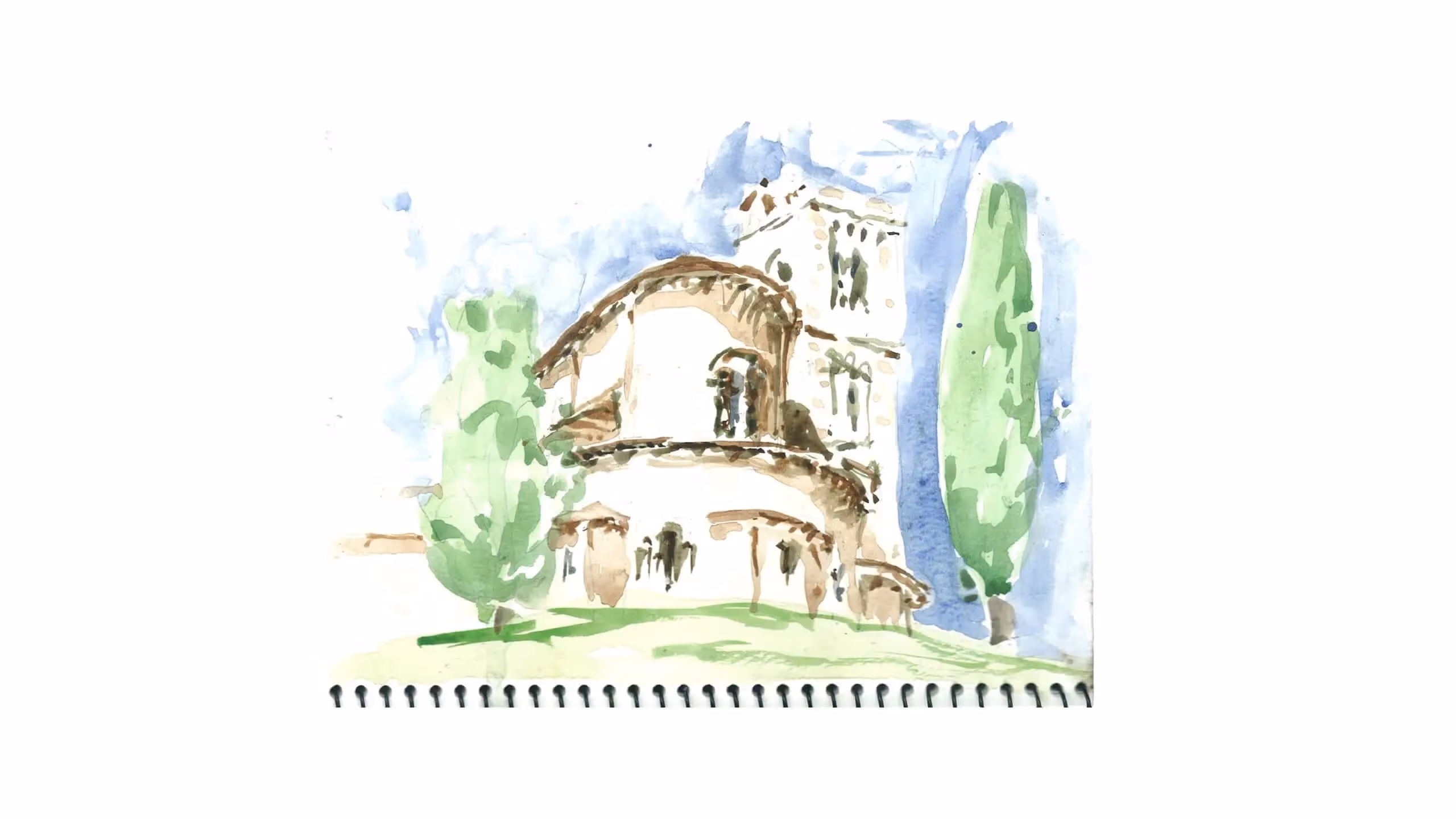 Watercolor sketch of a historic building with trees and blue sky