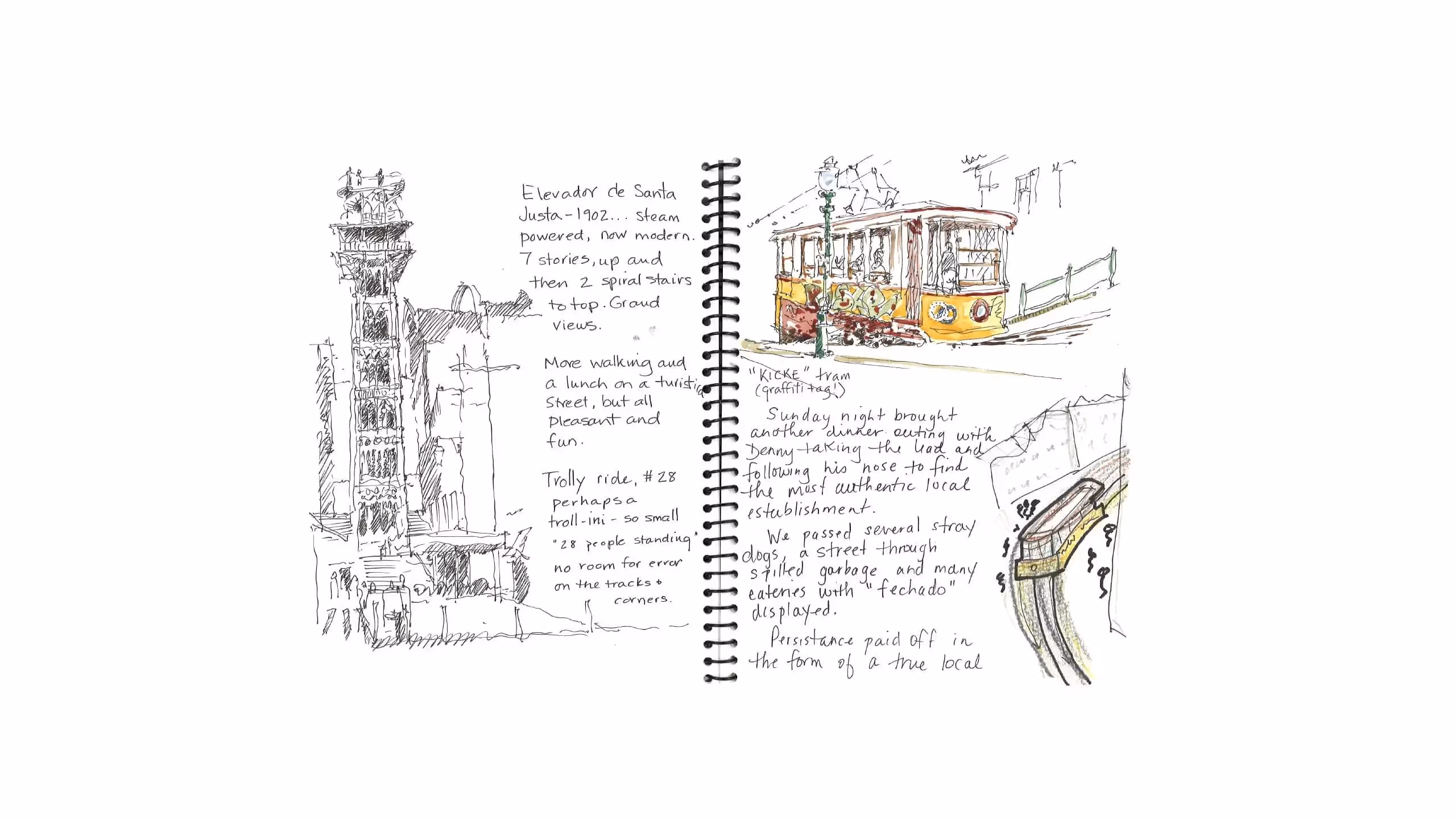 Sketched travel journal page with Santa Justa elevator and tram in Lisbon